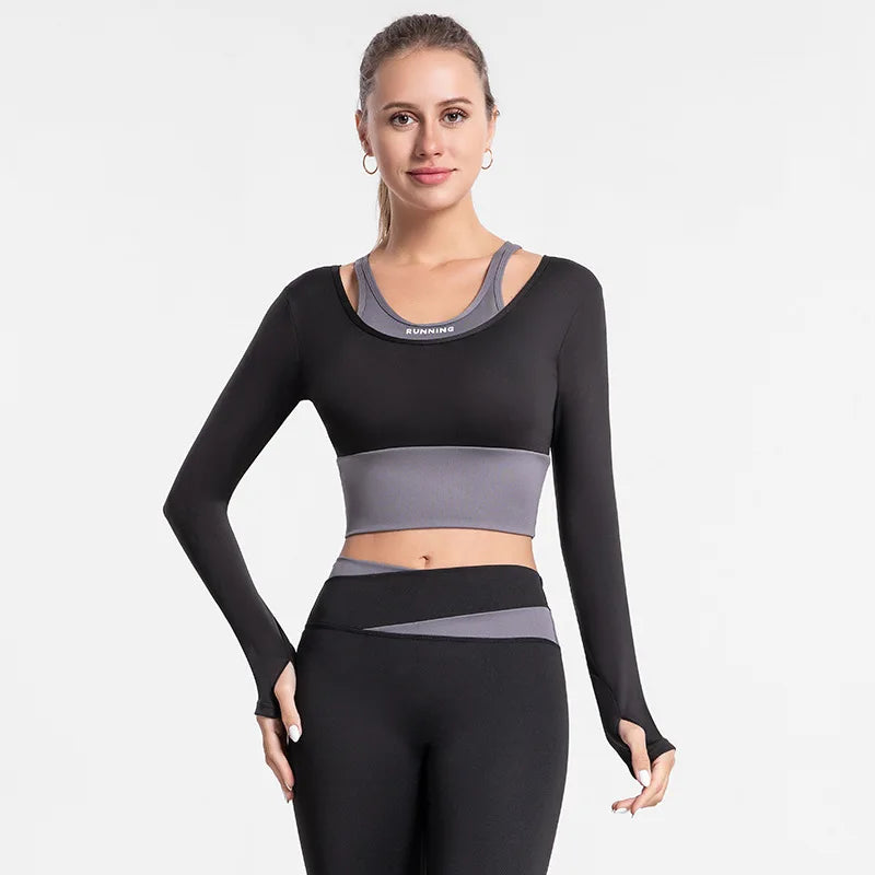 Women's High Waist Yoga Set - Long Sleeve Fitness Vest with Pads & Sports Leggings Bra - Autumn Winter Workout Outfit for Gym, Running & Yoga