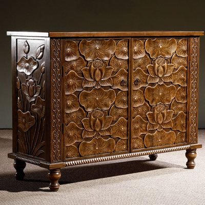 Hand Carved Natural Wood Sideboard Cabinet with Two Doors - Light Brown Vintage Style for Dining Room, Living Room & Entryway Storage