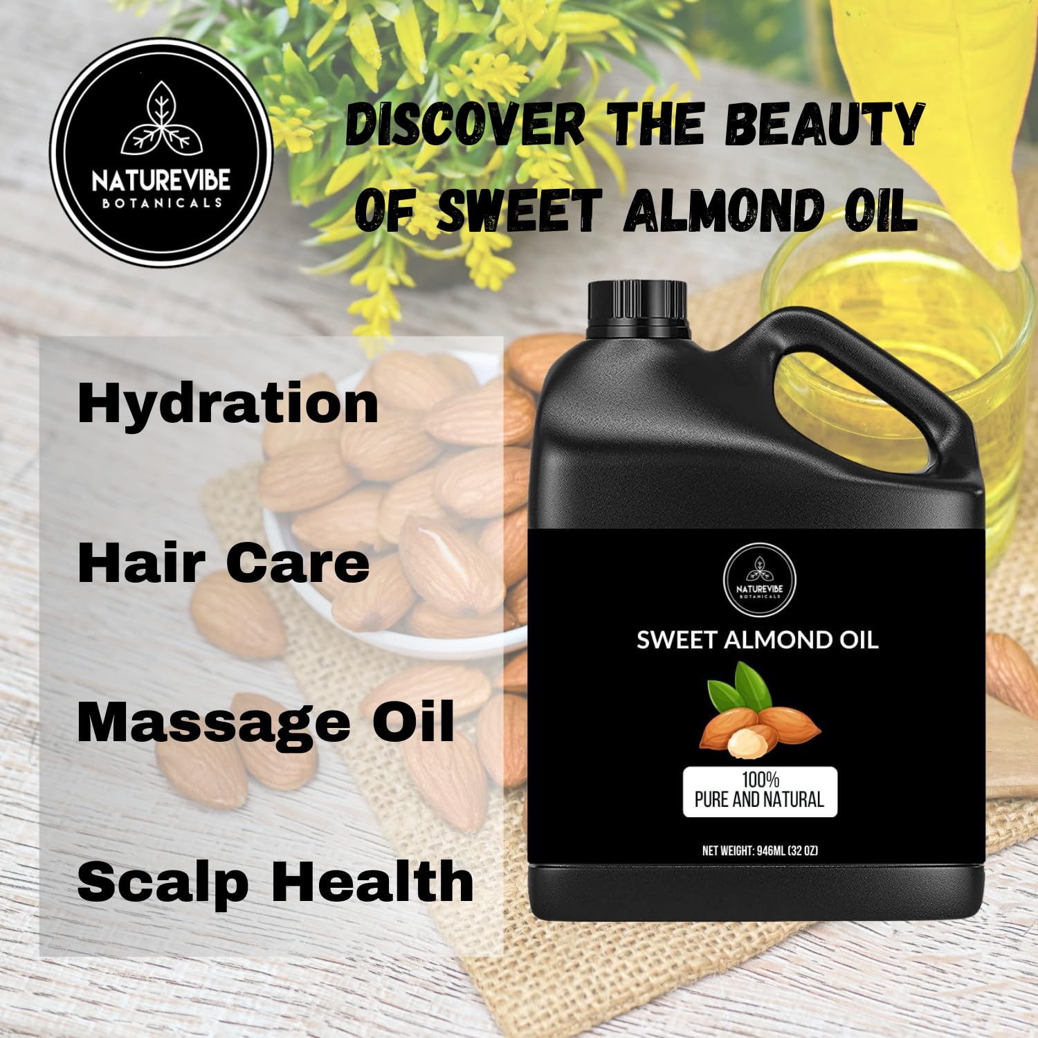 Naturevibe Botanicals Organic Sweet Almond Oil & Moringa Seed Oil Combo - 32oz Each | Cold Pressed, Unrefined for Hair, Skin & Massage | Perfect for DIY Beauty, Aromatherapy & Natural Skincare