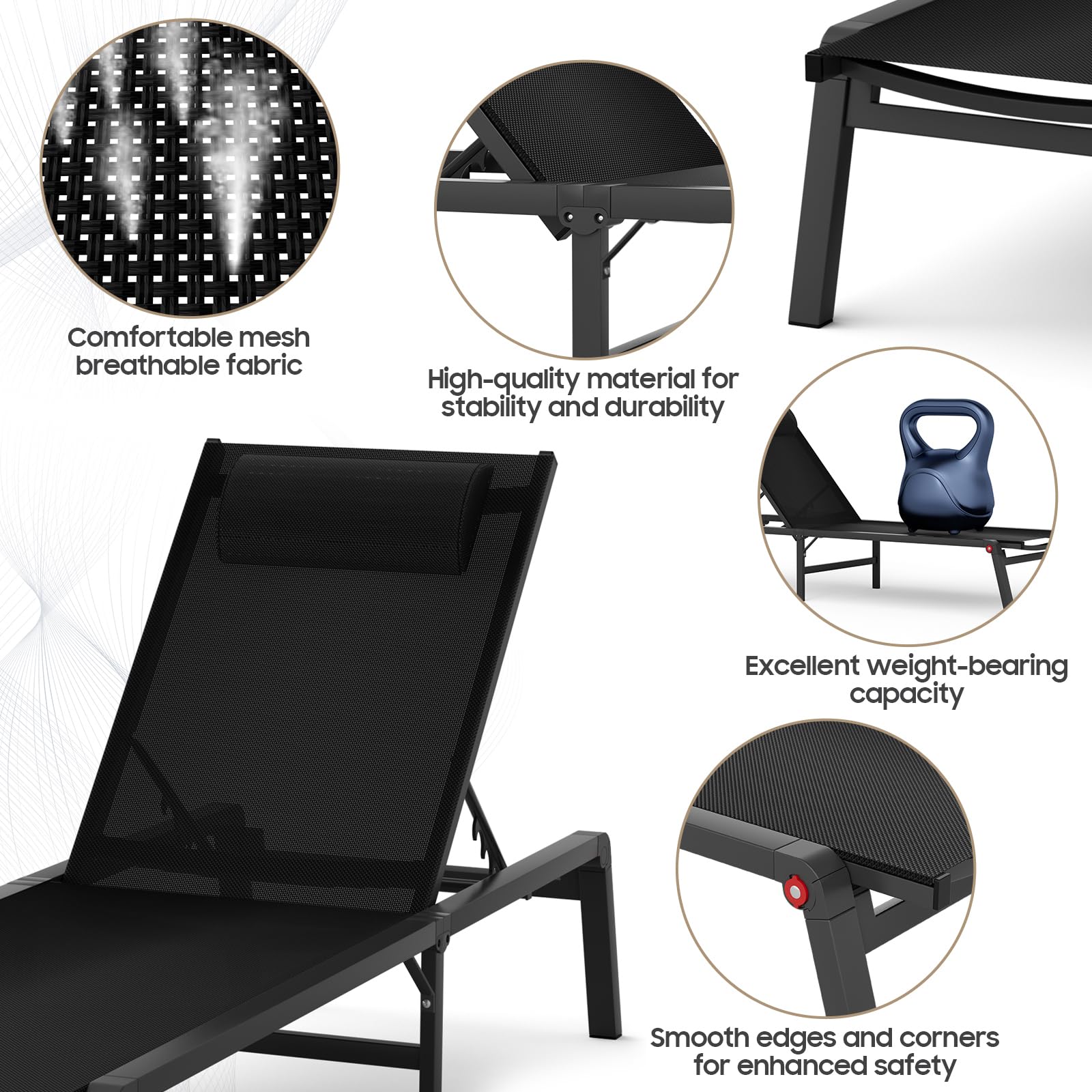 **5-Position Adjustable Aluminum Folding Chaise Lounge Chair - Outdoor Recliner for Patio, Pool, Beach & Tanning - Heavy Duty Black Poolside Sunbathing Chair**    *(Perfect for Relaxing by the Pool, Lounging in the Backyard, or Sunbathing at the Beach - Lightweight & Portable for Easy Storage & Travel)*