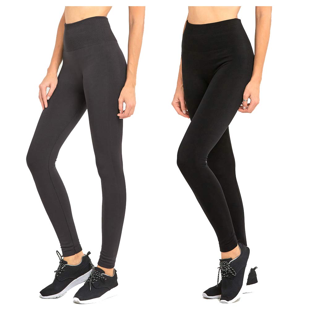 DailyWear Women's High Waist Fleece Lined Leggings with Extra Wide Band - Plus Size Black & Charcoal - Perfect for Yoga, Workouts & Winter Comfort