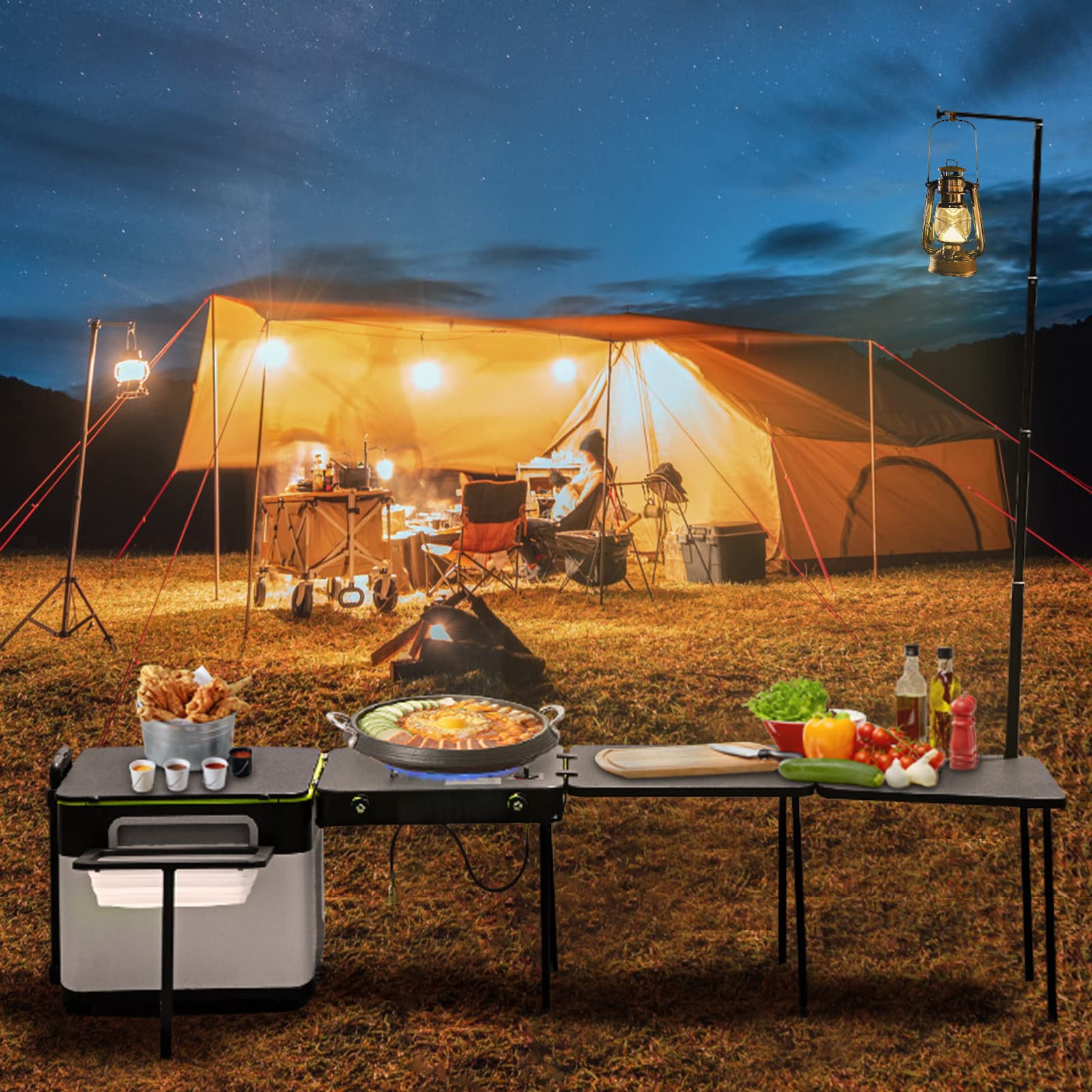 VEVOR Outdoor Mobile Kitchen - Portable All-in-One Camping Cooking Station with Windproof Stove, Folding Tables & Storage Organizer, Wheels for Easy Transport | Perfect for Camping, RV Trips & Outdoor Adventures (Black)
