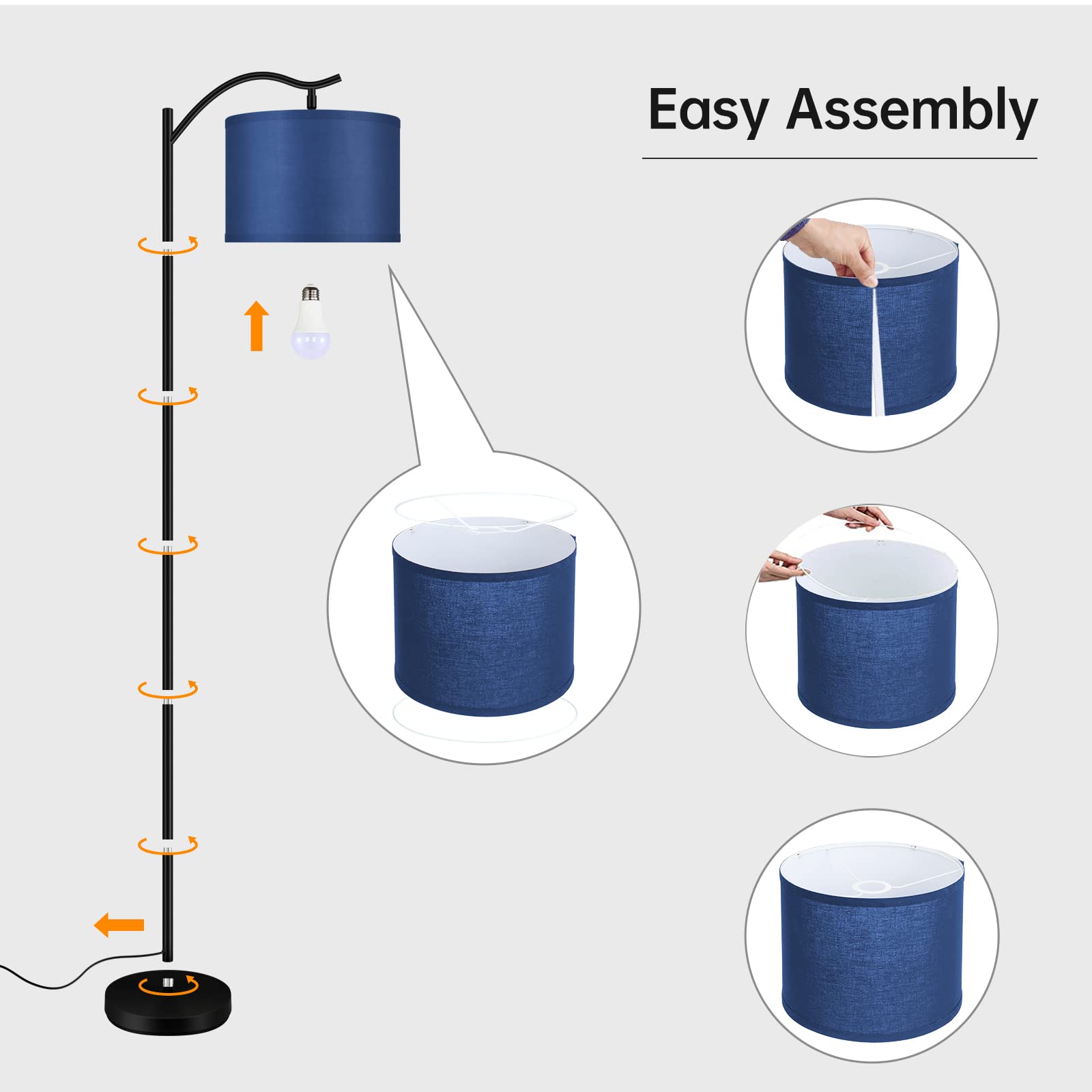 Modern LED Arched Floor Lamp with Blue Linen Shade - Tall Standing Light for Living Room, Bedroom, Office & Corner - E26 Socket & Footswitch - Mid Century Design for Home Decor & Reading Nook