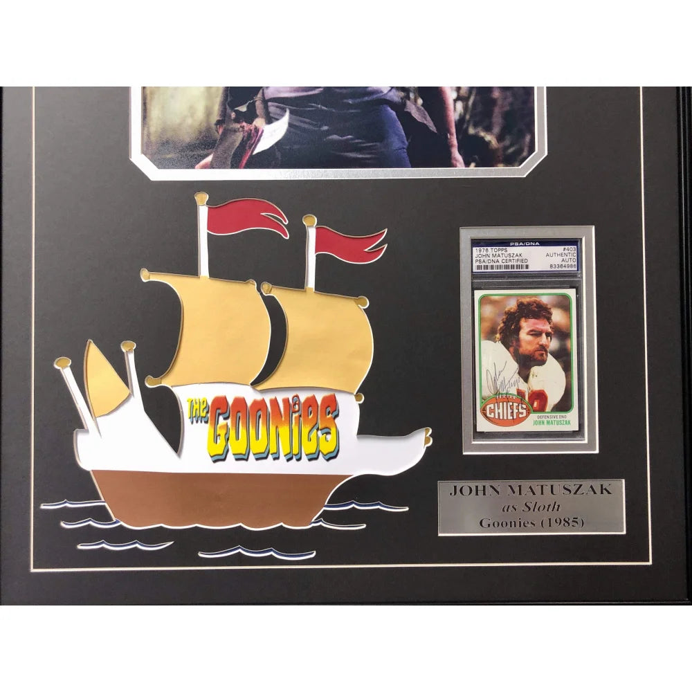 John Matuszak Goonies Sloth Signed Topps Card Framed Collage Autograph with PSA/DNA COA - Perfect for Chiefs & Raiders Fans, Movie Memorabilia Collectors, and Gift for Goonies Lovers
