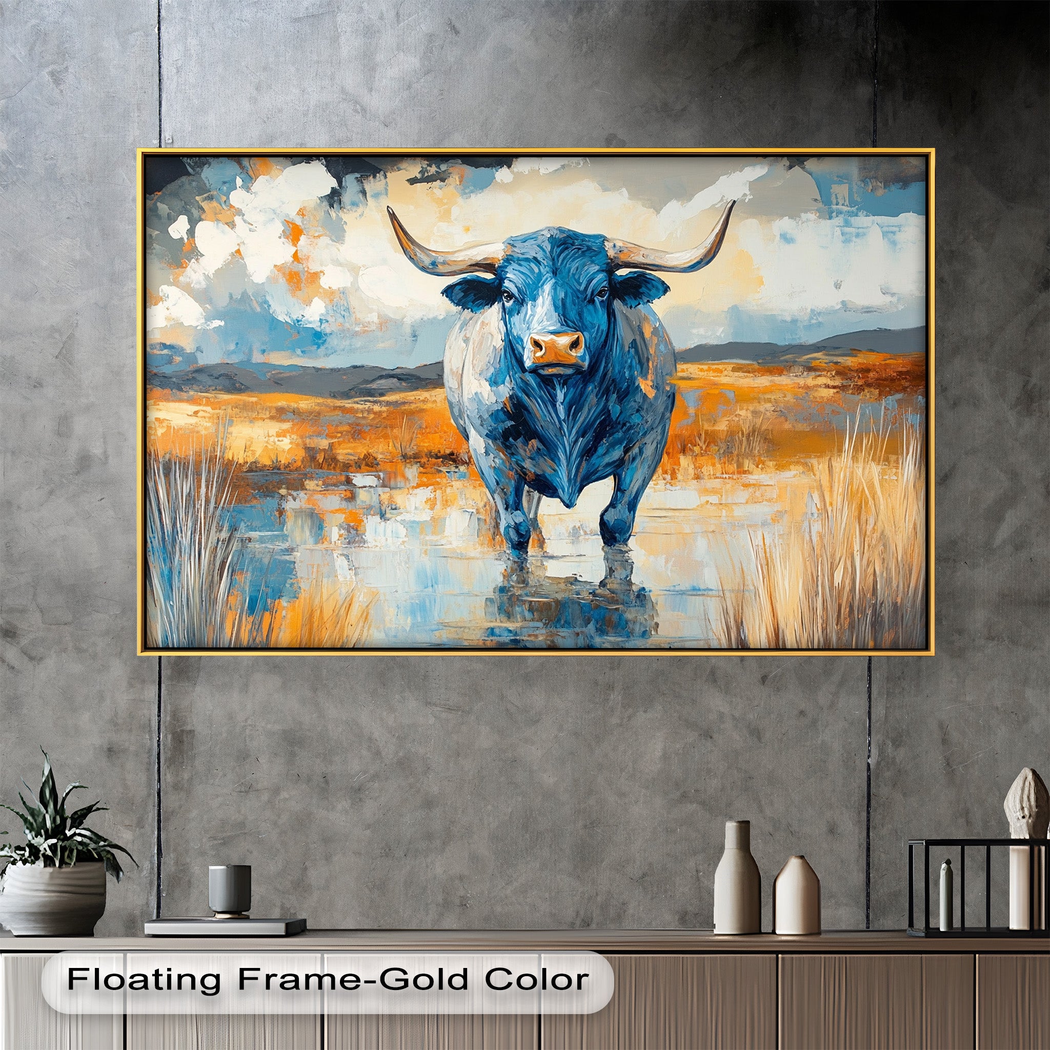 Blue Desert Bull - Hand Painted Animal Oil Canvas Artwork | Western Wildlife Decor for Living Room, Bedroom & Office