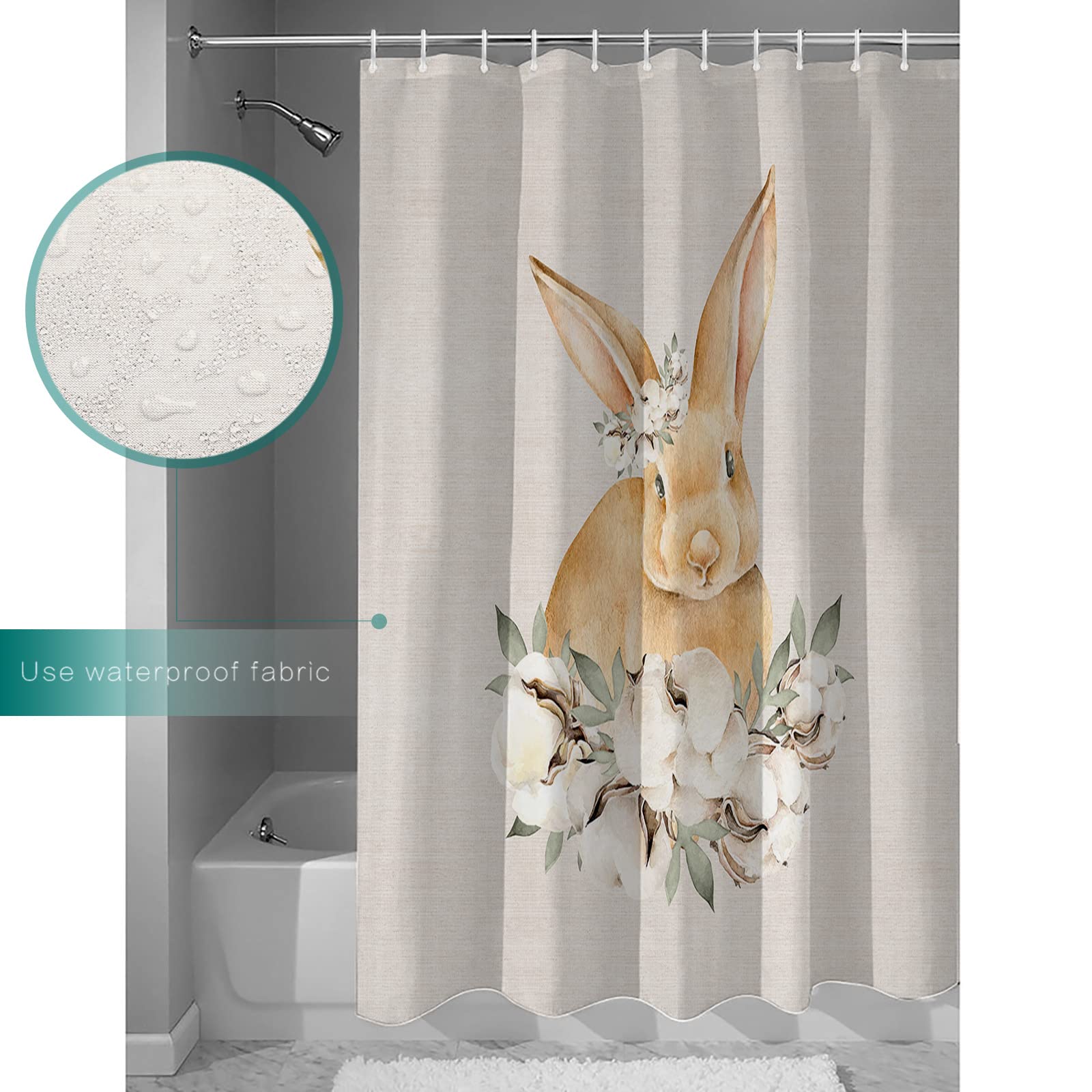 Easter Bunny Shower Curtain 72x96 Inches - Waterproof Polyester Fabric with Retro Rabbit Design & Hooks - Perfect for Bathroom, Bathtub, and Spring Decor (96