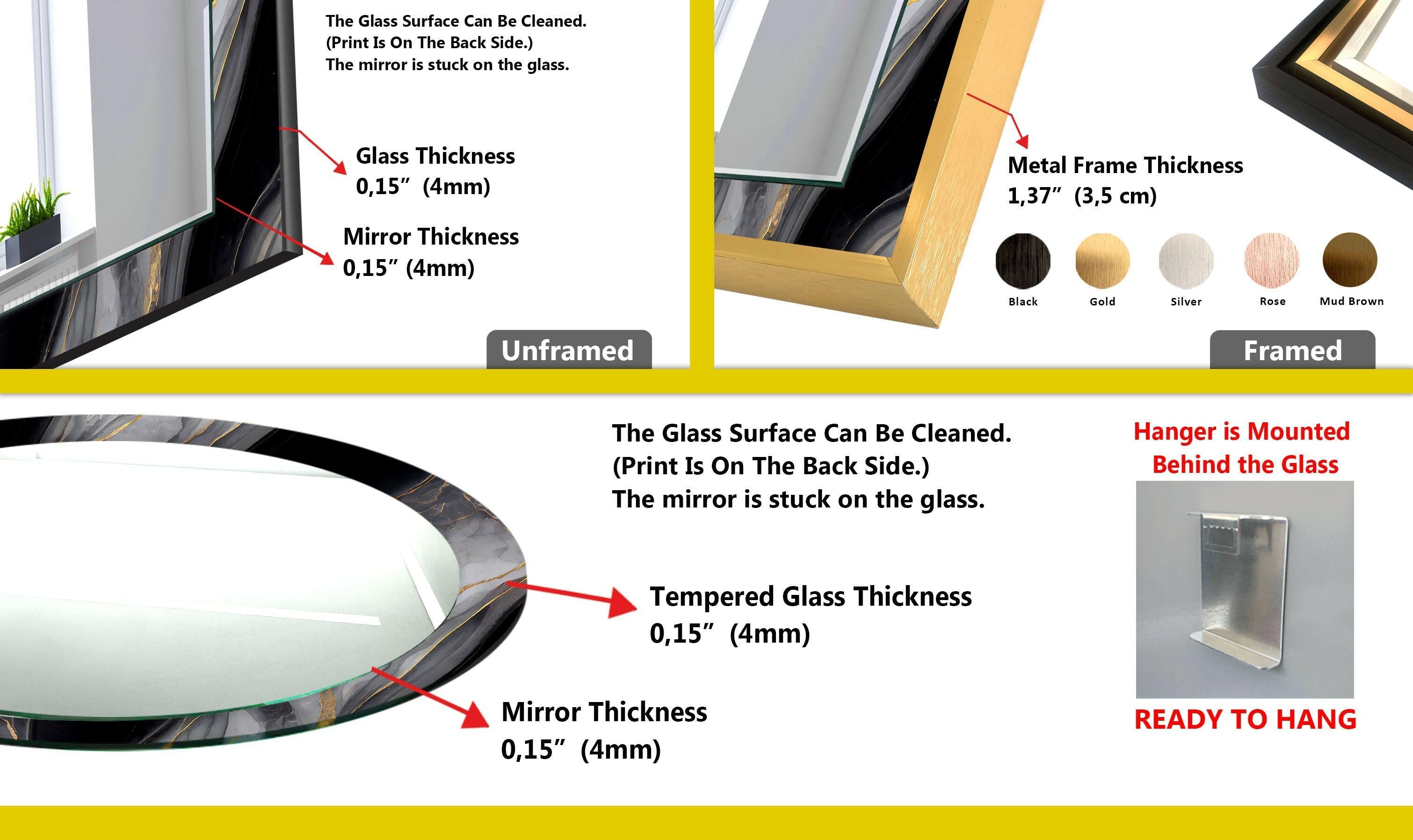 Stylish Black and Gray Marble Wall Mirror - Modern Home Decor for Living Room, Bedroom & Bathroom | Elegant Full-Length Mirror with Durable Frame for Vanity, Entryway & Dressing Area