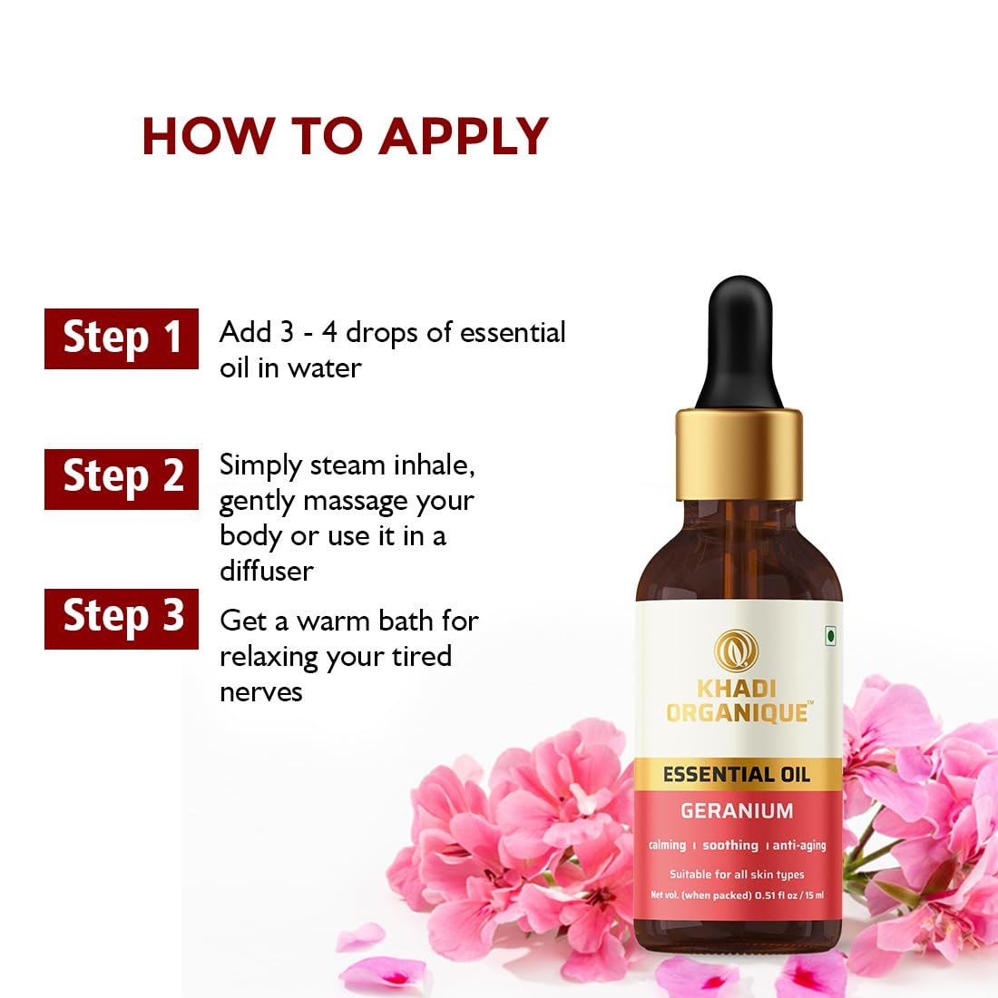 Khadi Organique Geranium Essential Oil 15ml - Pure Aromatherapy Oil for Relaxation, Skin Care & Massage | Perfect for Diffusers, Bath & DIY Beauty Products