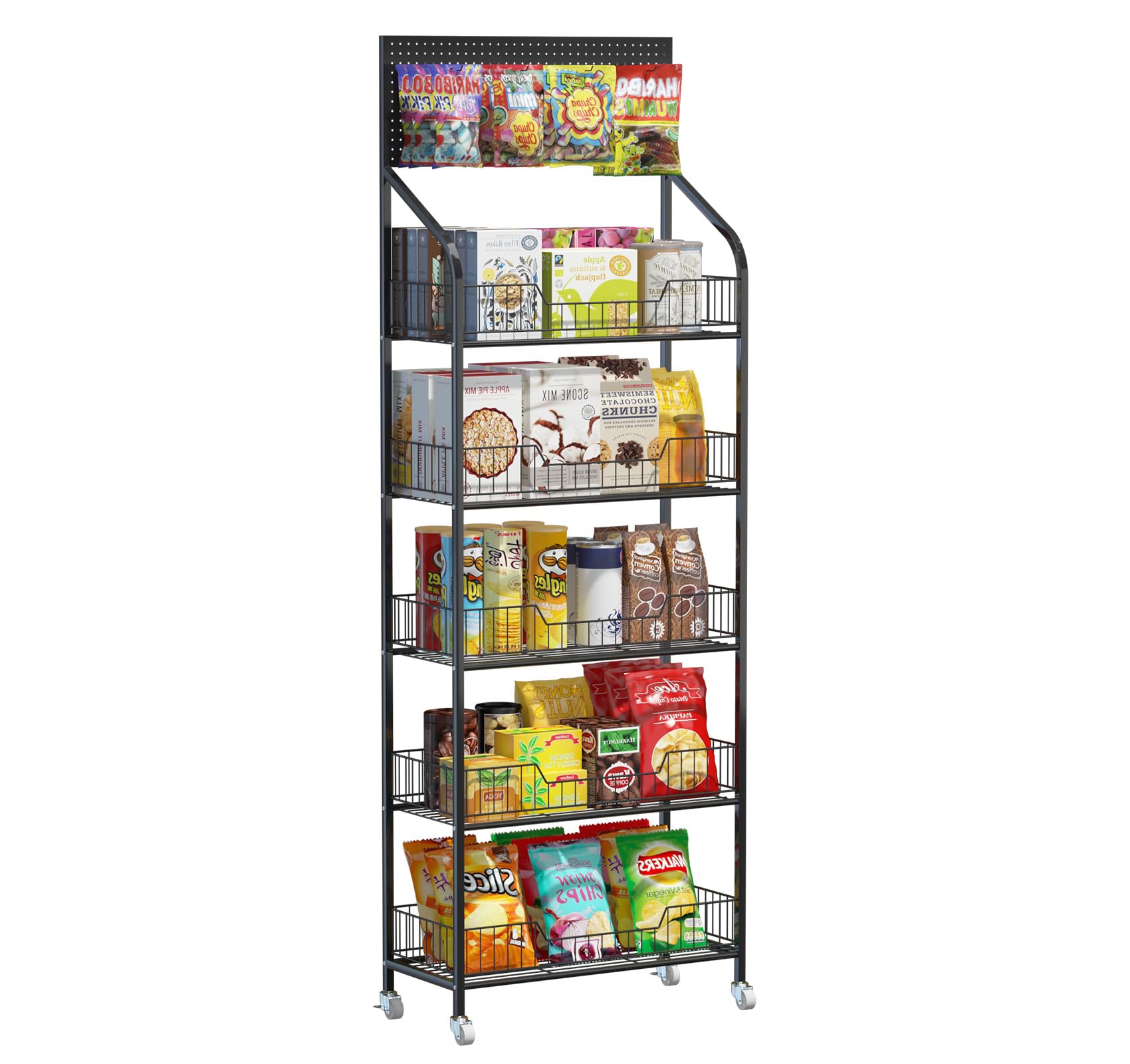 Nisorpa 5-Tier Metal Supermarket Display Rack with Wheels - Free Standing Snack Candy Organizer Cart for Convenience Stores, Home Kitchen - 23.6
