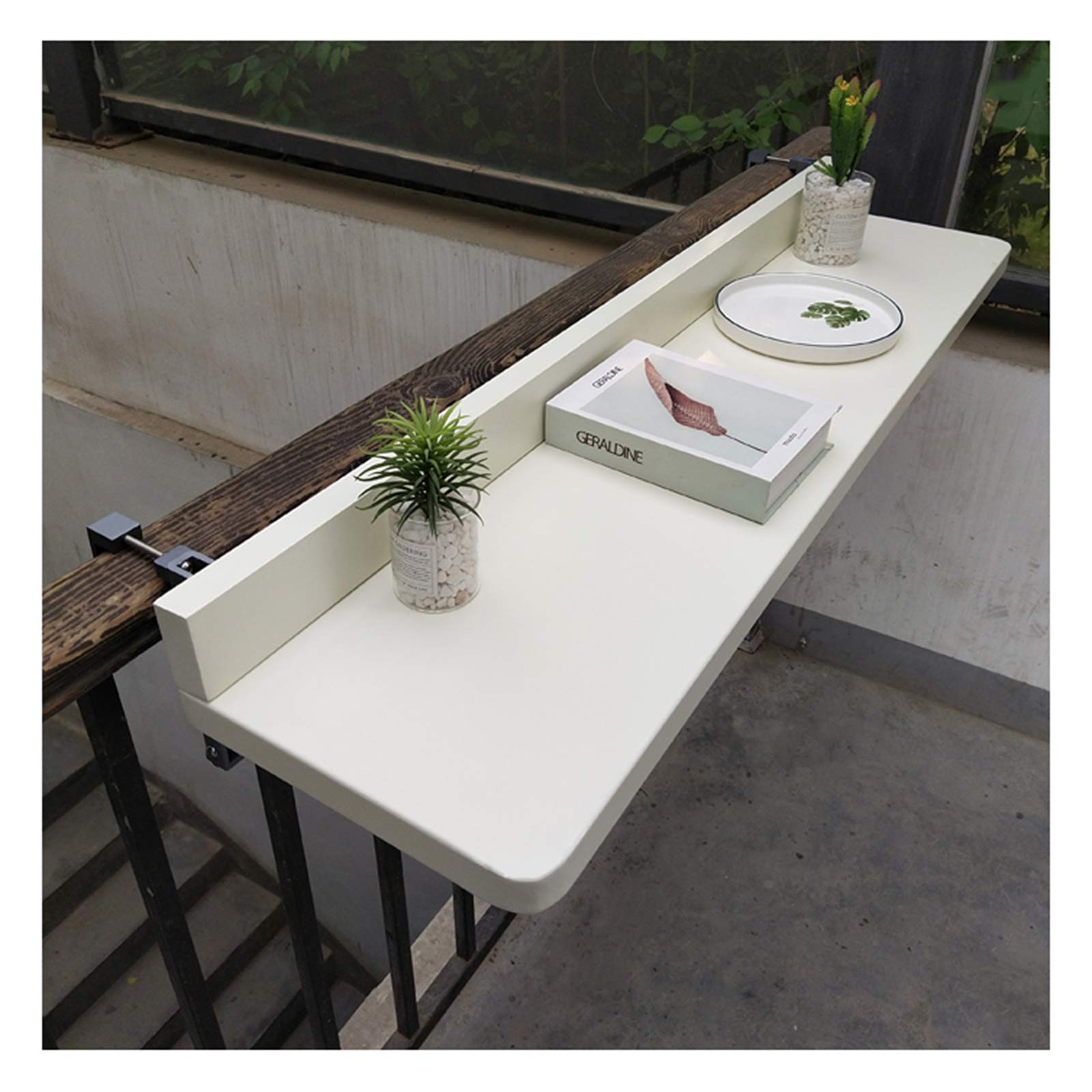 LKH 120×28cm White Aluminum Folding Table - Sturdy Wall Mounted Floating Desk for Home Office, Balcony & Kids Study | Space-Saving Computer Workstation & Writing Table with Railing Mount (Durable & Stable) - Perfect for Small Apartments, Dorm Rooms & Outdoor Workspaces
