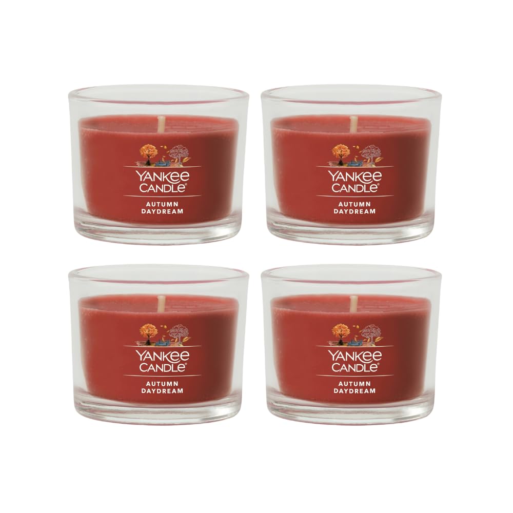 Autumn Daydream Scented Soy Wax Votive Candles - Pack of 4 Mini Glass Jar Candles with Natural Fiber Wick | Home Fragrance for Fall Decor, Cozy Evenings & Gift Giving