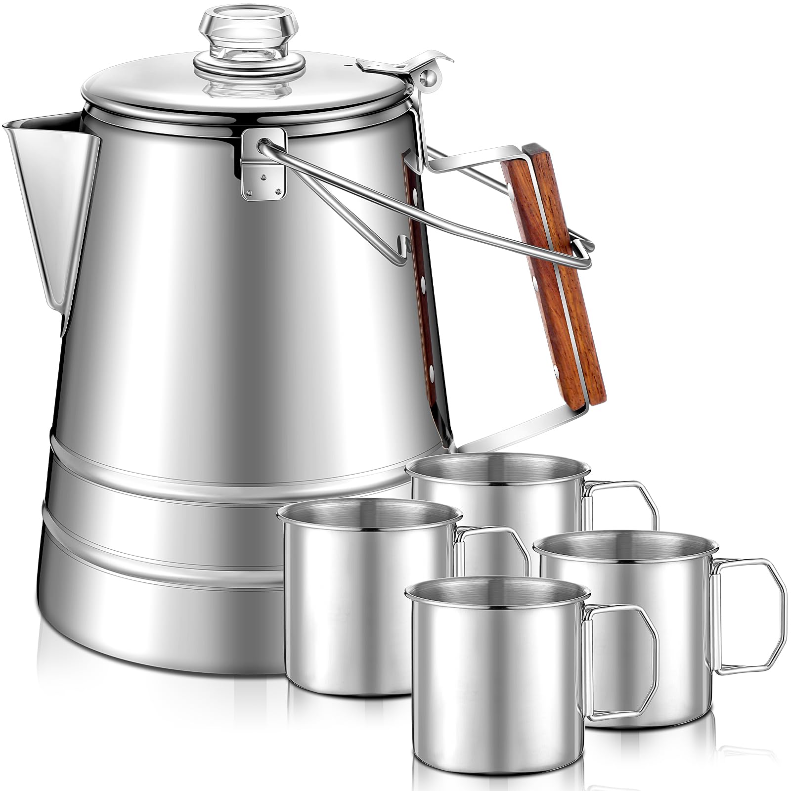 Tioncy 14-Cup Stainless Steel Stovetop Coffee Percolator with 4 Portable 12 oz Cups - Camping Coffee Maker Set for Outdoor Travel, Hiking & Campfire Brewing | Perfect for Backpacking, RV Trips & Picnics