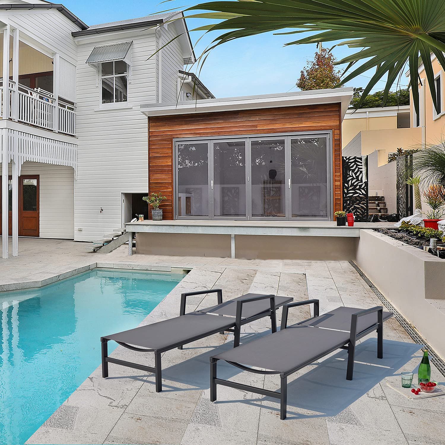 2-Pack Adjustable Aluminum Chaise Lounge Chairs with Armrests - Outdoor Patio Furniture for Poolside, Beach, Balcony, Lawn & Yard - Weather-Resistant Grey Lounge Chairs Set (Perfect for Sunbathing, Relaxing & Outdoor Lounging)