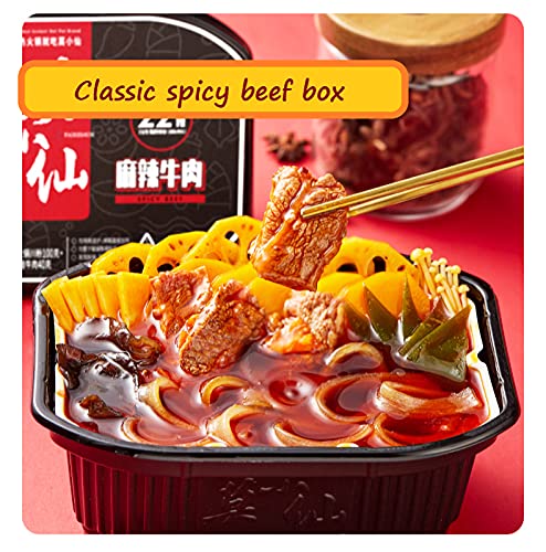 Self-Heating Hot Pot - Classic Spicy Beef Flavor - Instant Chinese Meal with Rice & Noodles - Ready-to-Eat Food Storage Snacks - Perfect for Camping, Office Lunch & Emergency Preparedness