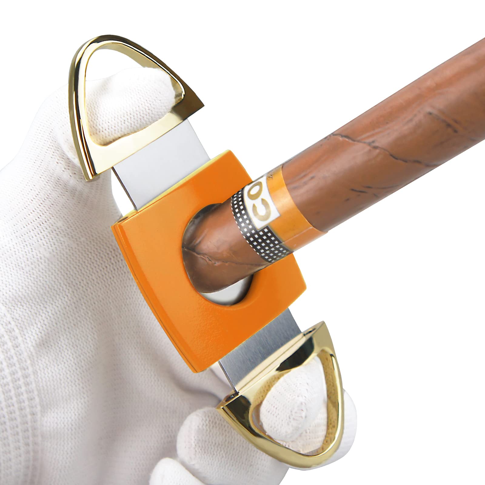 Premium Stainless Steel Double Blade Cigar Guillotine Cutter with Leather Pouch - Sharp & Durable for Perfect Cuts - Yellow - Ideal for Cigar Enthusiasts & Gifts