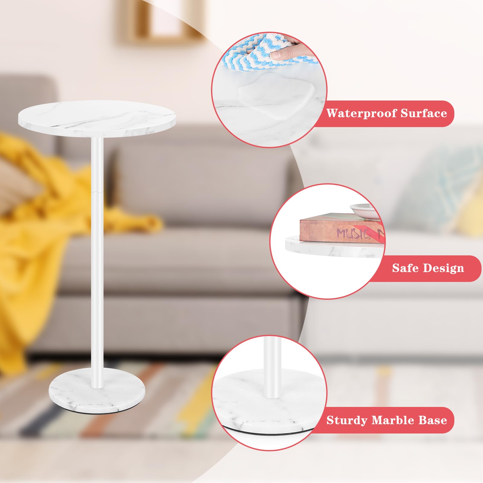 Modern White Round Side Table Set of 2 - Small Accent End Tables with Marble Base for Living Room, Bedroom, Outdoor - Perfect for Drinks, Books & Decor