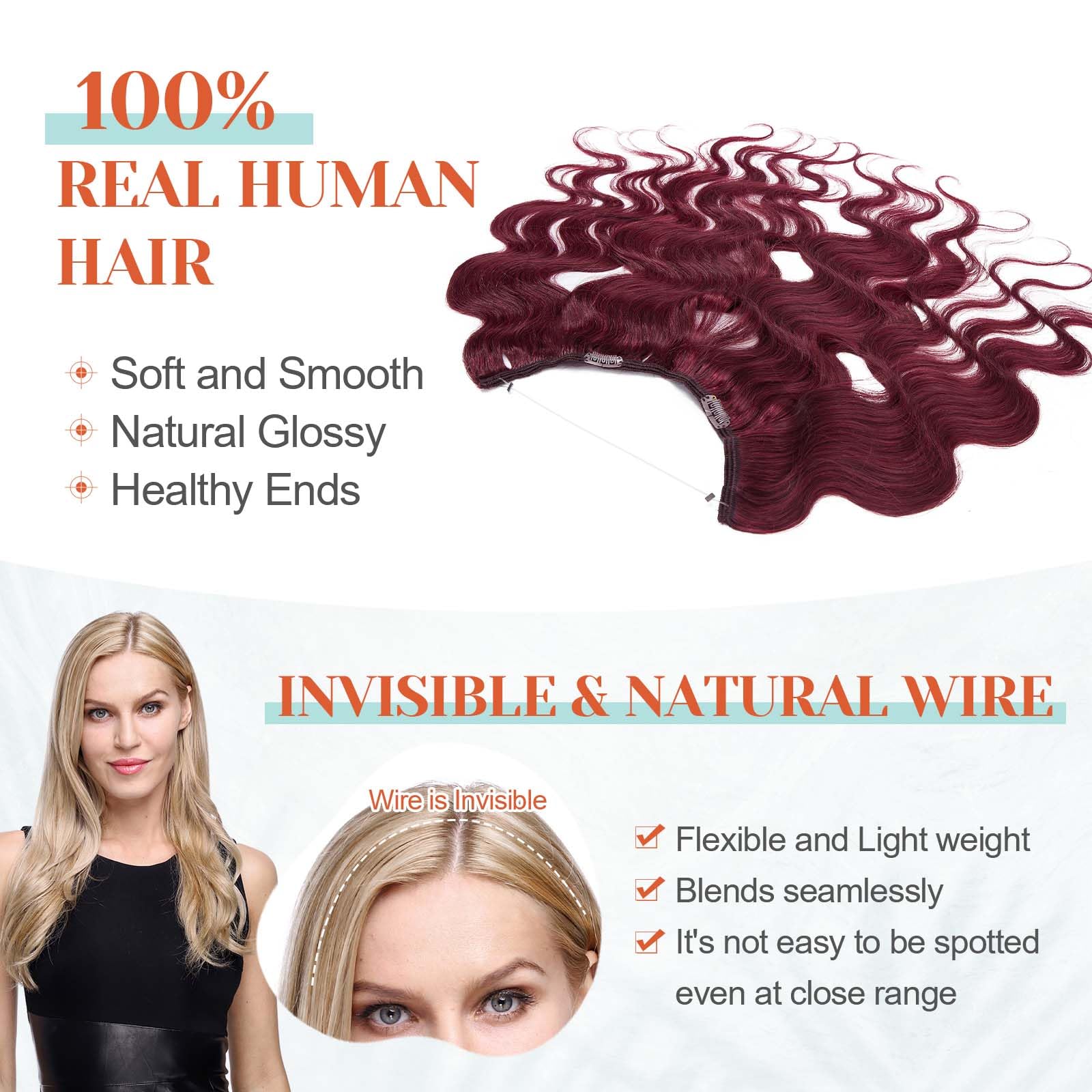 Benehair Halo Hair Extensions 100% Real Human Hair - Wavy & Curly Halo Extensions, 20inch Wine Red (70g) - Perfect for Weddings, Parties & Daily Styling
