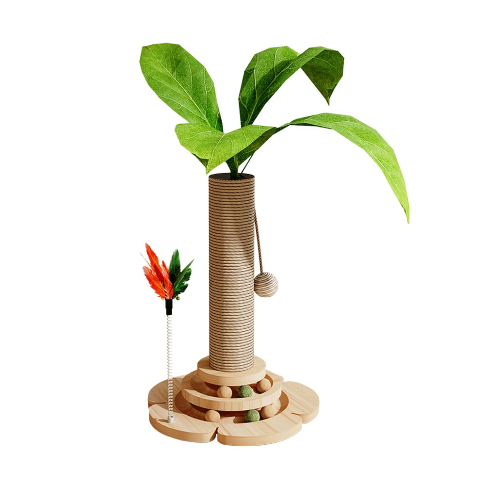 Marchul 2-Level Cat Scratching Post with Interactive Track Ball Tower Toy - Sisal Rope & 3D Leaf Design for Indoor Cats & Kittens | Mental & Physical Exercise Toy for Playtime, Training & Home Decor