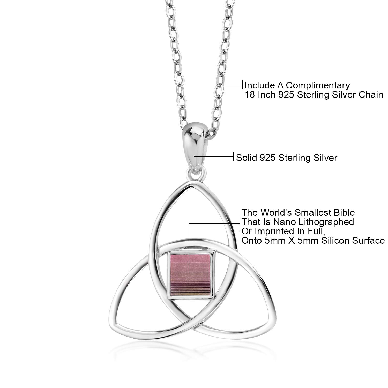Gem Stone King Keren Hanan New Testament Triquetra Jerusalem Nano Bible 925 Sterling Silver Pendant Necklace with 18