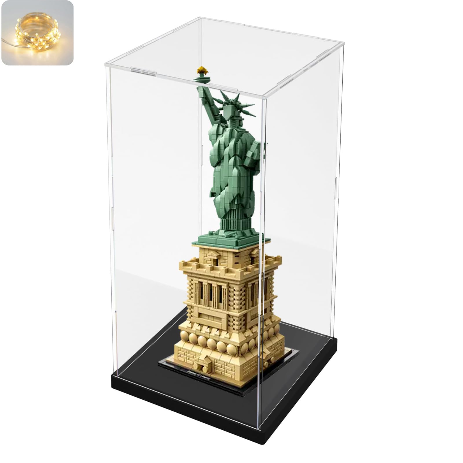 Clear Acrylic Display Case for Lego 21042 Statue of Liberty - 7.9x7.9x19.7 inch Thickened Transparent Protection Box with Wood-Plastic Base & LED String Lights (Black Interior) - Perfect for Collectibles Showcase, Home Decor, and Gift Presentation