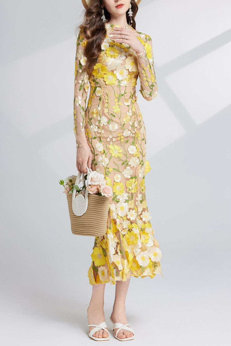 Carol Yellow Floral Embroidered Mesh Long Sleeve Midi Dress - Perfect for Spring Weddings, Garden Parties & Boho Chic Outfits