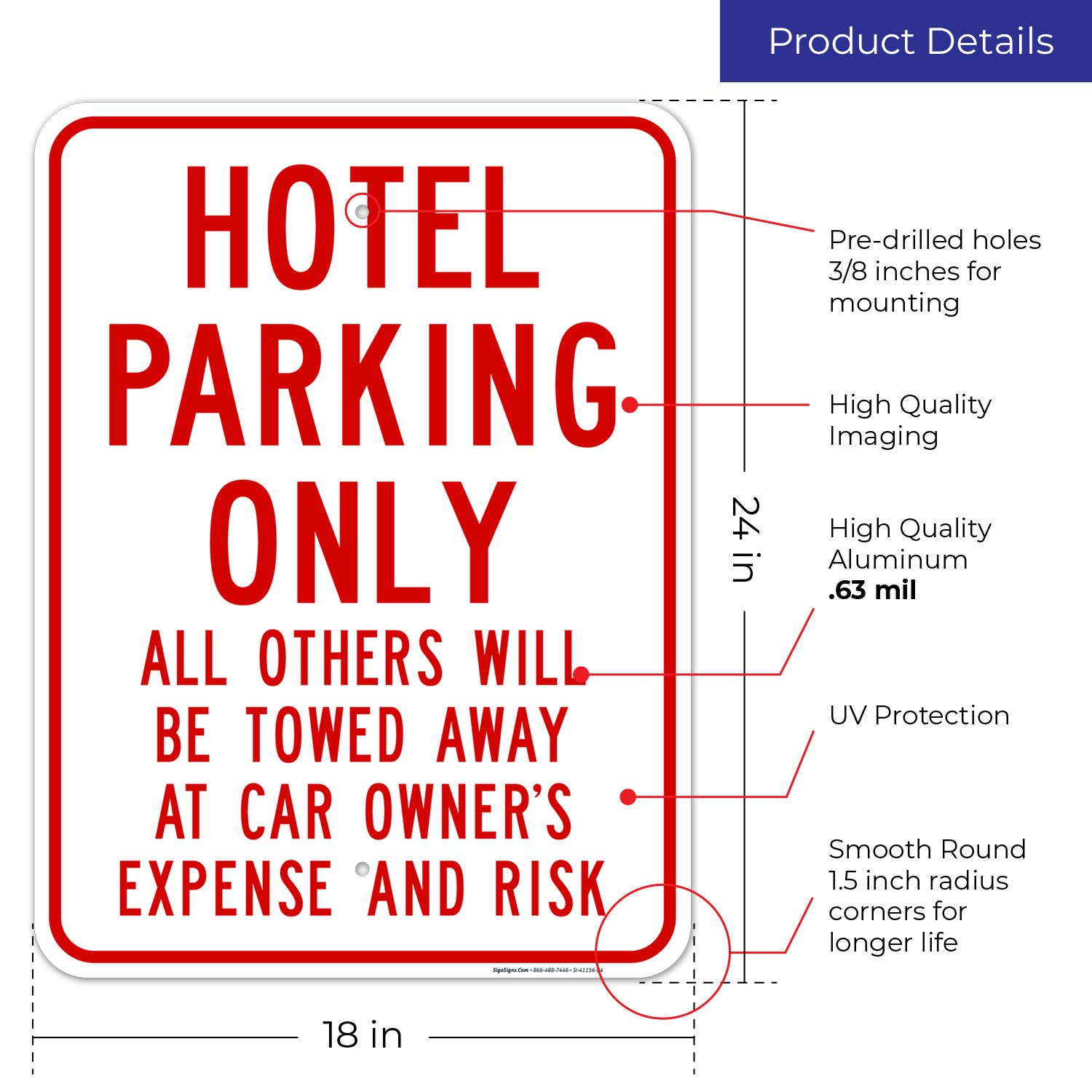 Hotel Parking Only - Other Vehicles Will Be Towed Sign | 18x24 Inches | Rust-Free .063 Aluminum | Fade-Resistant | Easy Mounting | Indoor/Outdoor Use | Made in USA | Perfect for Hotels, Restaurants & Private Parking Enforcement