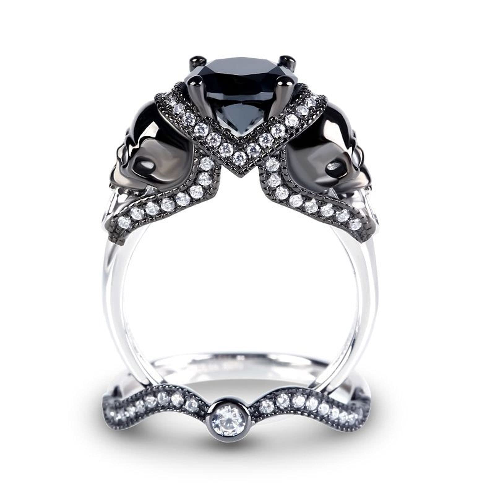Jeulia 4.97 Carat Twist Skull Ring for Women - Sterling Silver Two-Tone Round Cut White Diamond Bridal Set, Black Plated Engagement Promise Ring with Gift Box | Gothic Jewelry, Wedding Band, Anniversary Gift, Unique Statement Piece