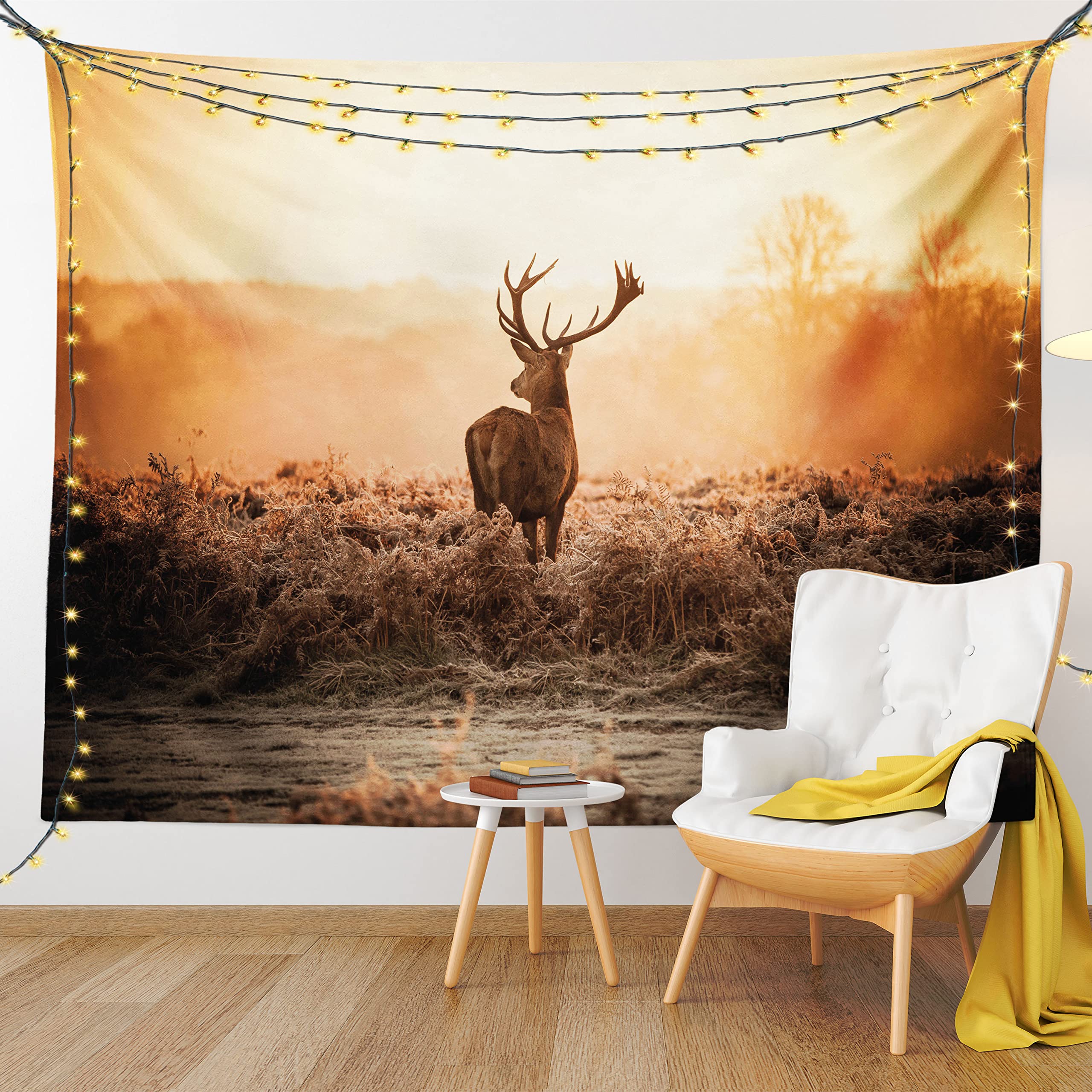 Ambesonne Hunting Tapestry - Red Deer in Morning Sun Wilderness Nature Scenery Wall Hanging Decor for Bedroom, Living Room & Dorm (45x30 inches, Brown Orange) | Perfect for Cabin, Lodge, Hunting Cabin & Rustic Home Decor