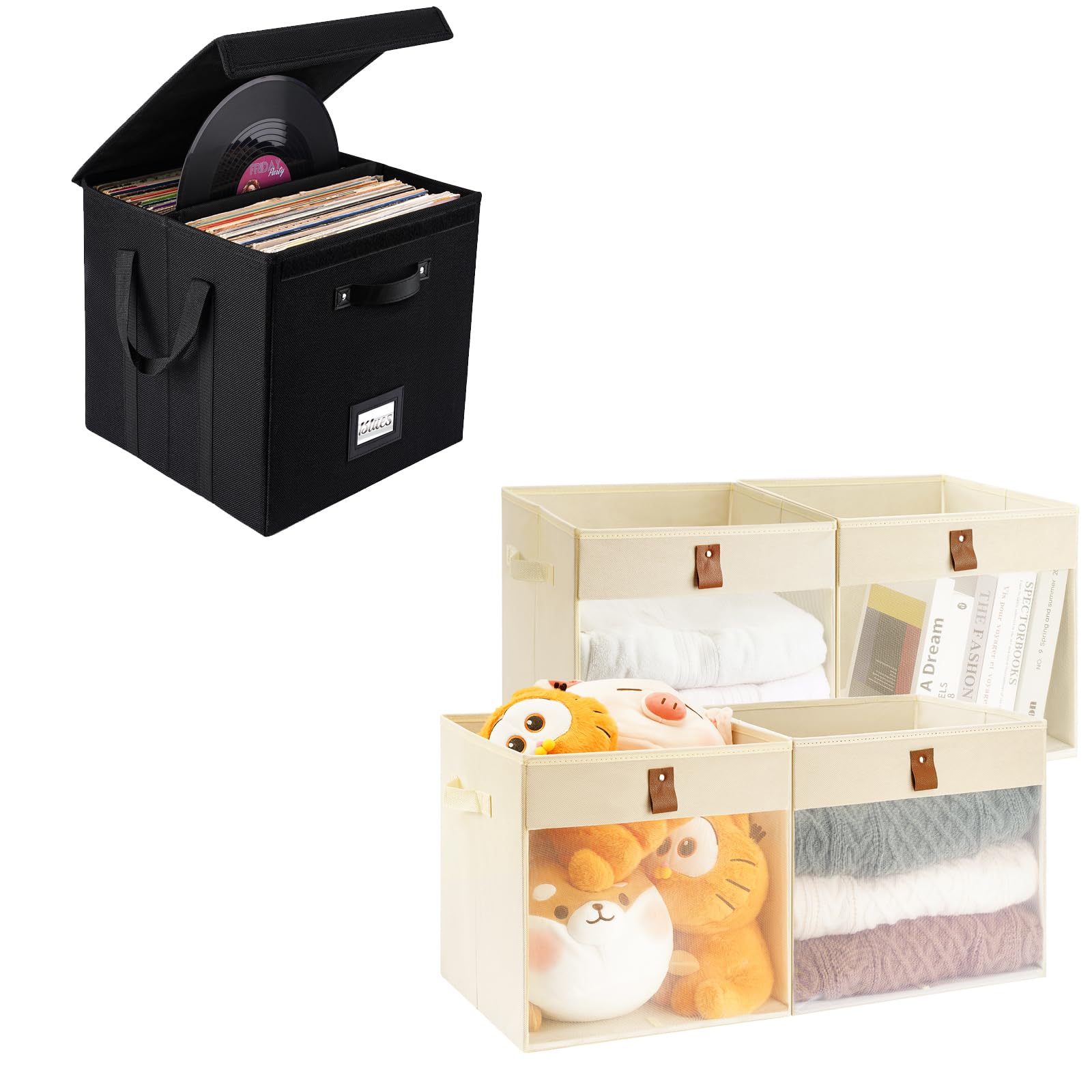 Vinyl Record Storage Box Holds 120+ Single Records - 4 Pack 13 Inch Storage Cubes & Bins for LP Album Organization - Perfect for Home, Office & Music Studio Storage Solutions