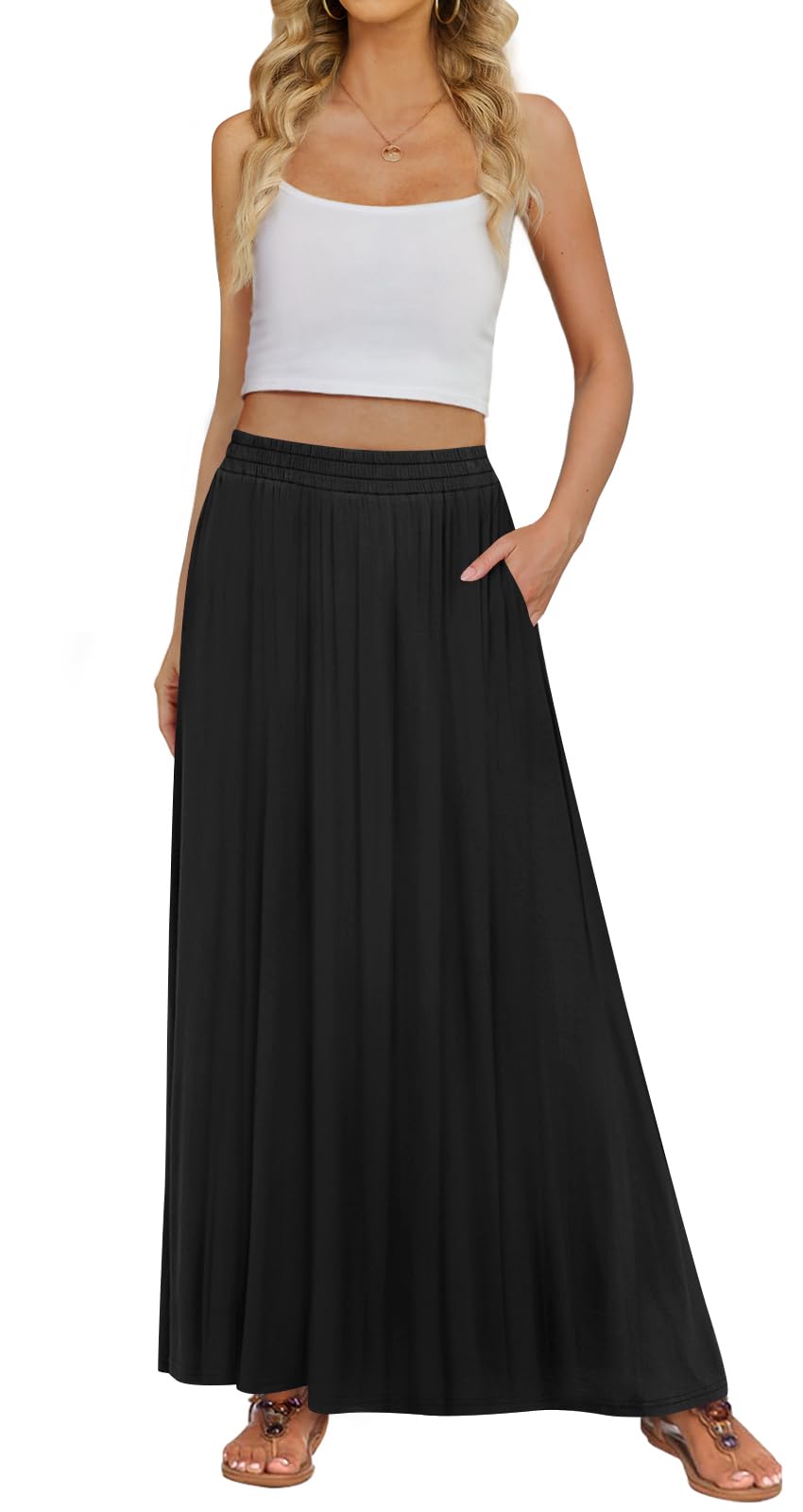 Women's Flowy High Waisted Maxi Skirt with Pockets - Casual Long Skirt for Summer, Beach, Travel & Everyday Wear
