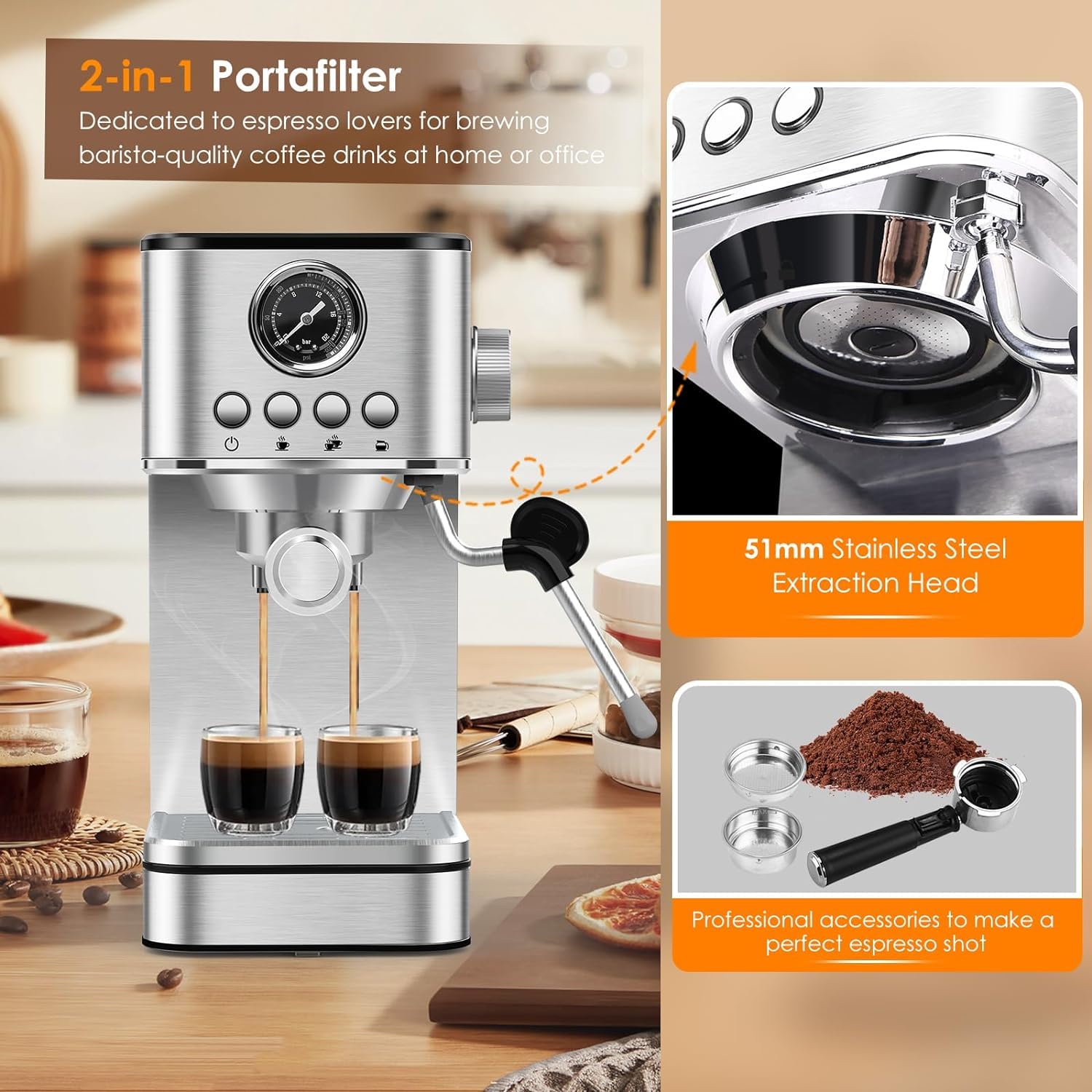 20 Bar Stainless Steel Espresso Machine with Milk Frother - Professional Home Coffee Maker for Espresso, Latte & Cappuccino | Perfect for Home Baristas & Coffee Lovers (Ideal for Breakfast, Office Use & Entertaining)
