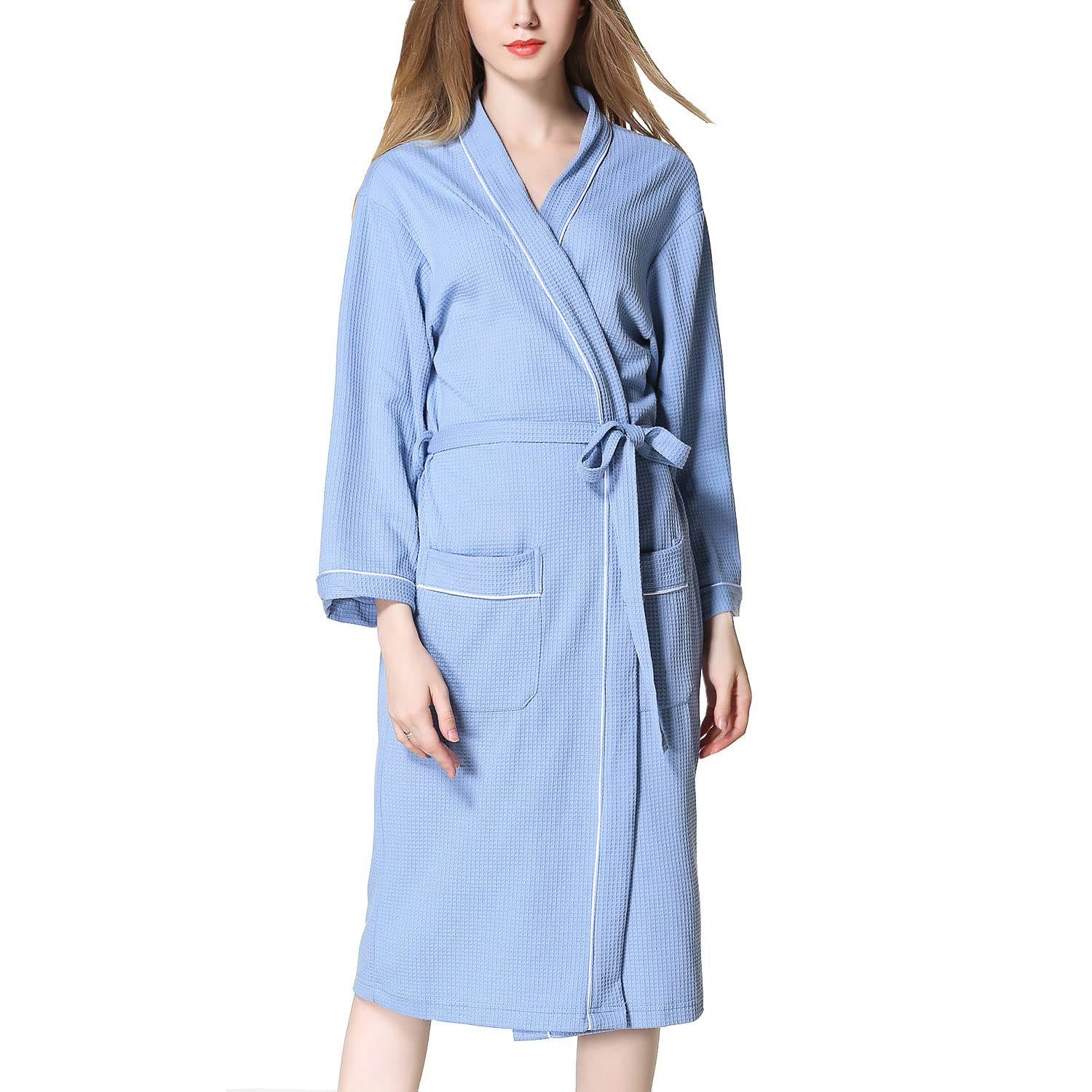 Lu's Chic Women's Waffle Robe - Lightweight Mid-Length Bathrobe with Belt, Soft Wave Texture for Spa, Sleepwear & Lounge Wear - Perfect for Relaxing at Home, After Shower or Vacation Getaway