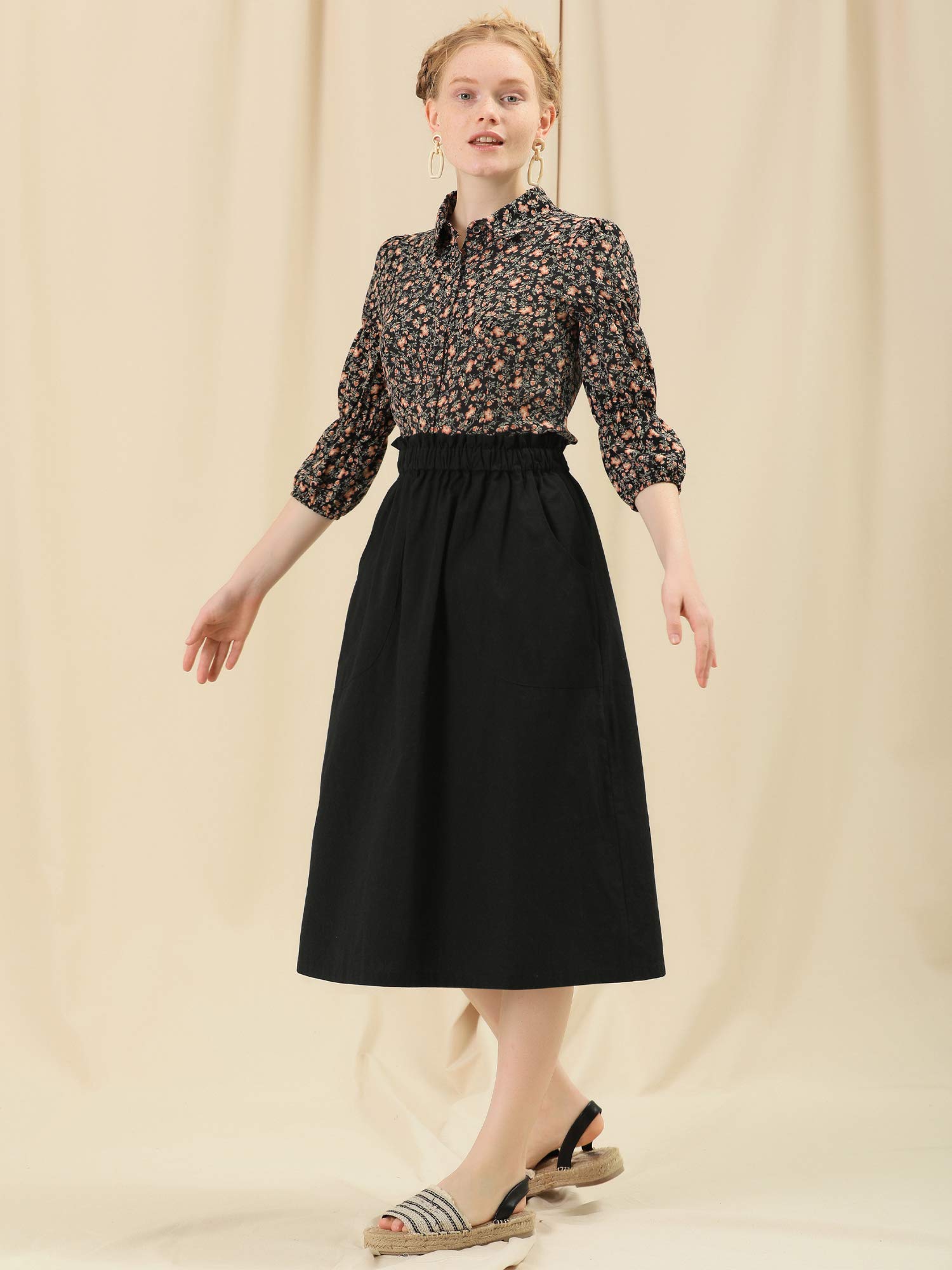 Allegra K Women's Casual Cotton Skirt with Elastic Waist & Pockets - A-Line Midi Peasant Skirt for Work, Travel & Everyday Wear