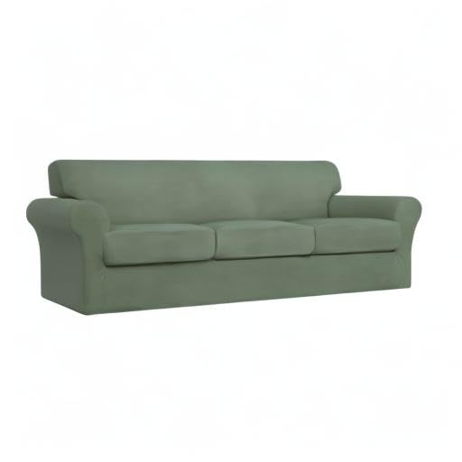 4-Piece Stretch Couch Cover for Oversized Sofas - Washable Elastic Slipcover Fits 3-Cushion Couches | Pet & Kid-Friendly Furniture Protector (Grey-Green) - Perfect for Homes with Dogs, Cats or Children