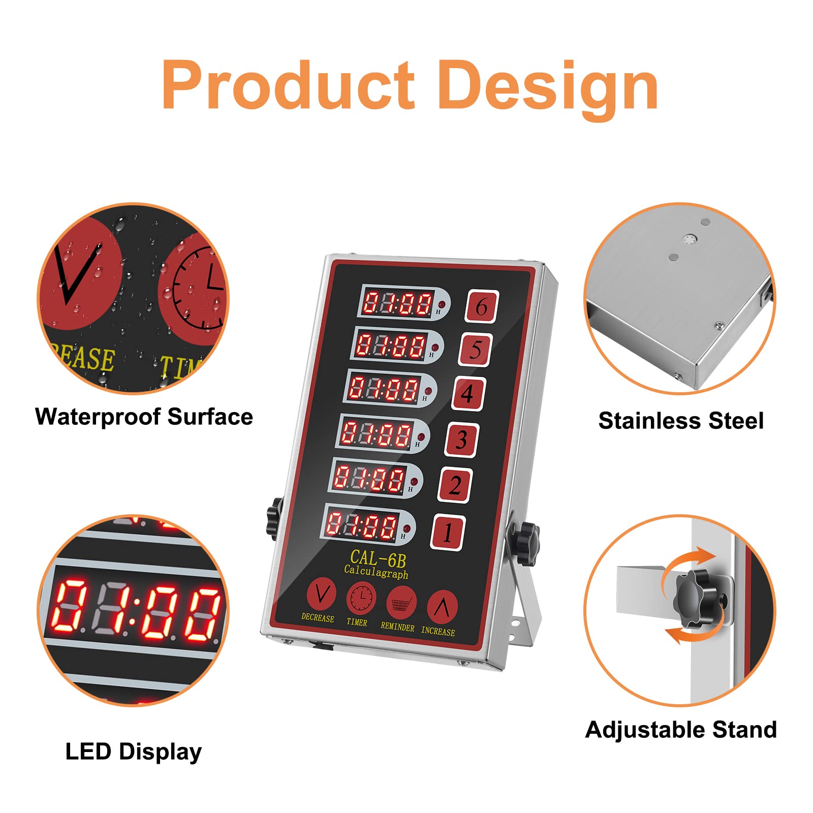 6-Channel Digital Kitchen Timer with Loud Alarm - Stainless Steel LED Commercial Cooking Timer for Restaurants & Home Use - Perfect for Baking, Grilling, and Meal Prep