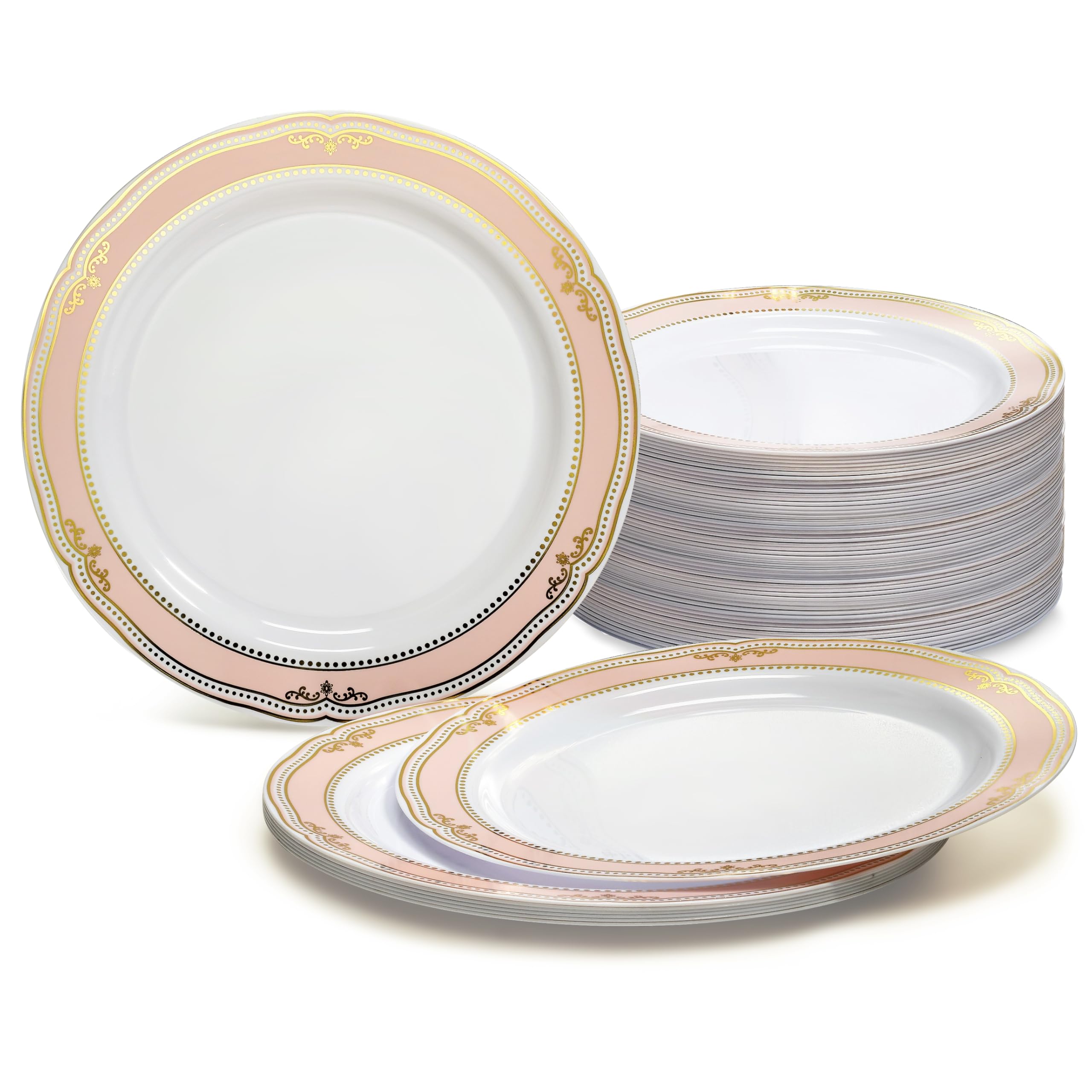 120 Pack Disposable Plastic Plates for Wedding & Party - 10.25'' Elegant Scalloped Dinner Plates in White, Blush & Gold | Perfect for Bridal Showers, Birthday Celebrations & Formal Events