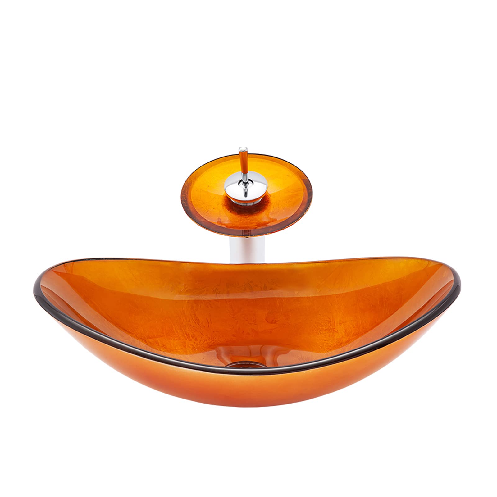 Premium Tempered Glass Oval Vessel Sink with Brass Waterfall Faucet & Chrome Pop-Up Drain - Modern Bathroom Vanity Sink for Countertop Installation | Perfect for Contemporary Home, Hotel, and Spa Bathrooms