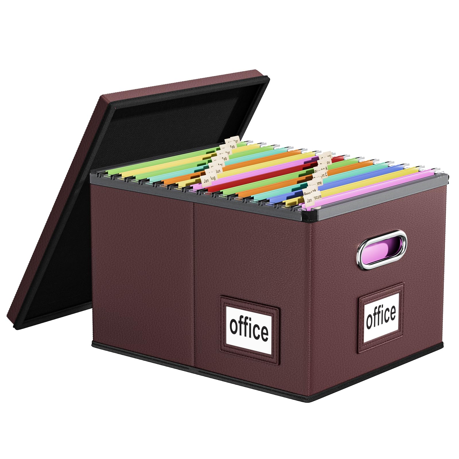 Huolewa Portable Leather File Organizer Box with Lid - Collapsible Linen Hanging Storage Box with Plastic Slide - Decorative Home & Office Filing System for Documents, Folders & Papers - Perfect for Desk Organization, Office Supplies & Document Storage