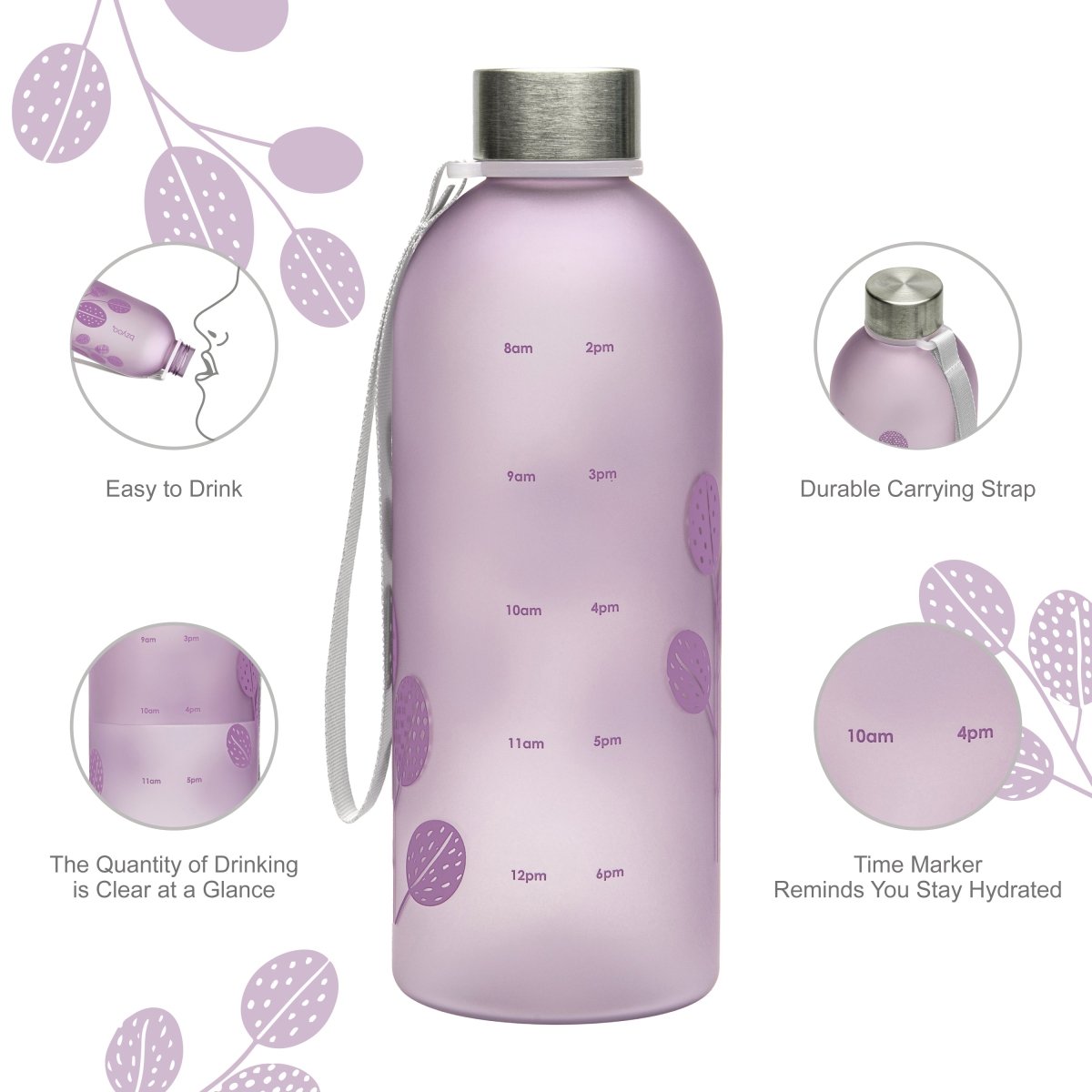 32oz Time Marker Tritan Water Bottle with Carrying Strap - Leaf Purple | BPA-Free Leakproof Water Bottle for Gym, Hiking & Outdoor Activities