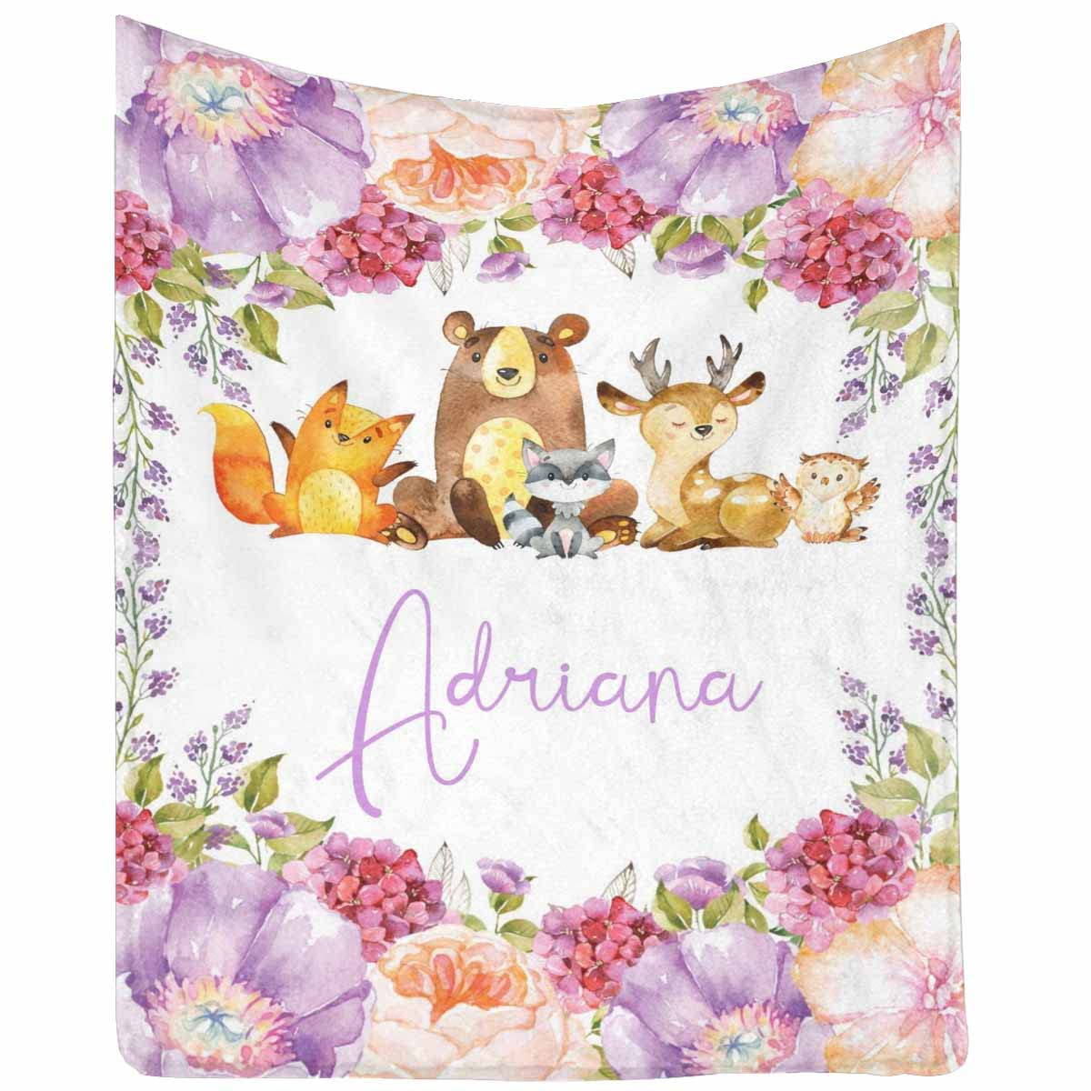 Personalized Cute Animal Blanket with Pink and Purple Flowers - Custom Gift for Granddaughter or Grandson - Soft Small Throw Blanket for Christmas Decor, Baby Shower, Nursery, and Cozy Home Use
