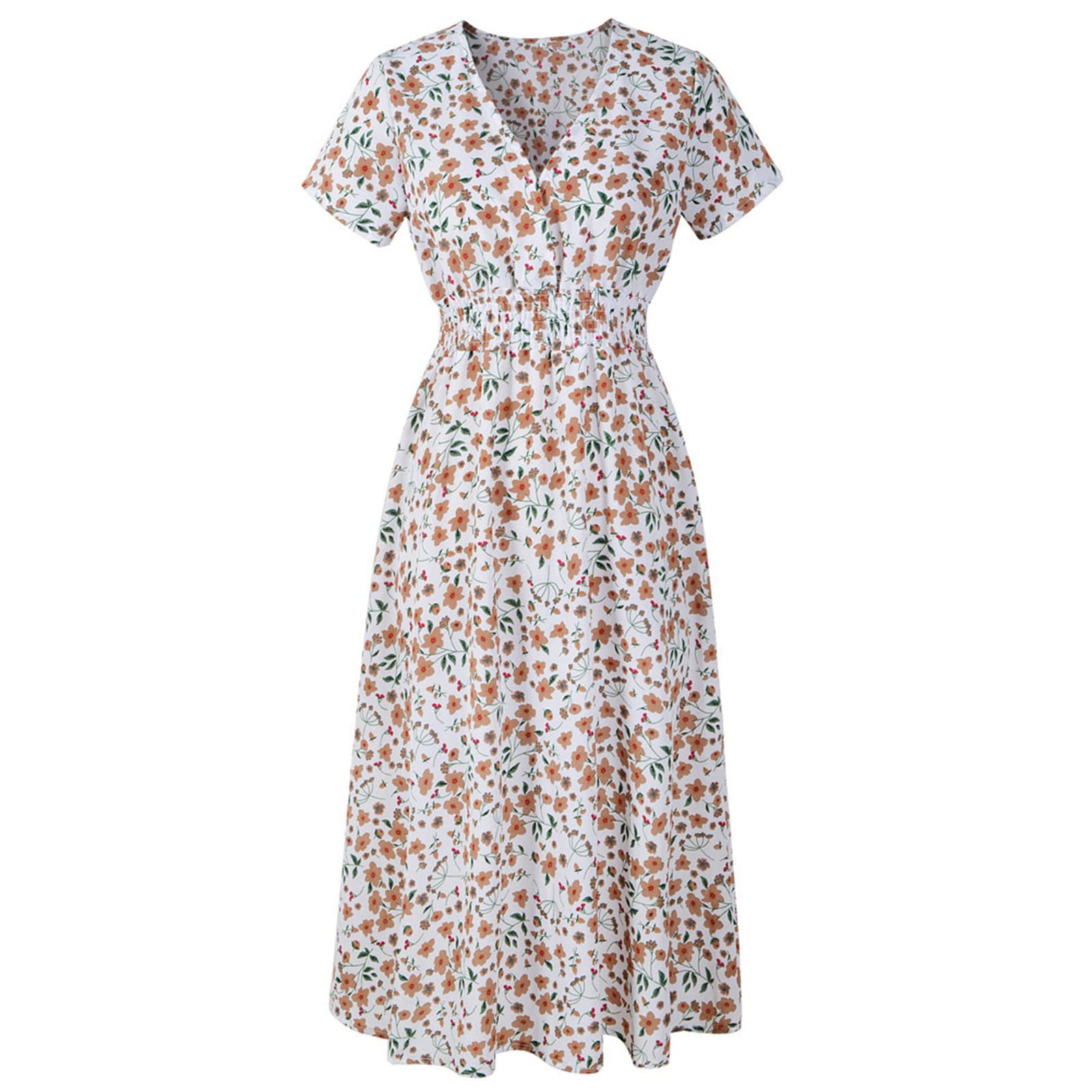 Maternity Dress for Women - Floral Print V-Neck Midi Dress, Boho Summer Short Sleeve Smocked Pink Silk Dress - Perfect for Baby Showers, Beach Vacations & Casual Outings