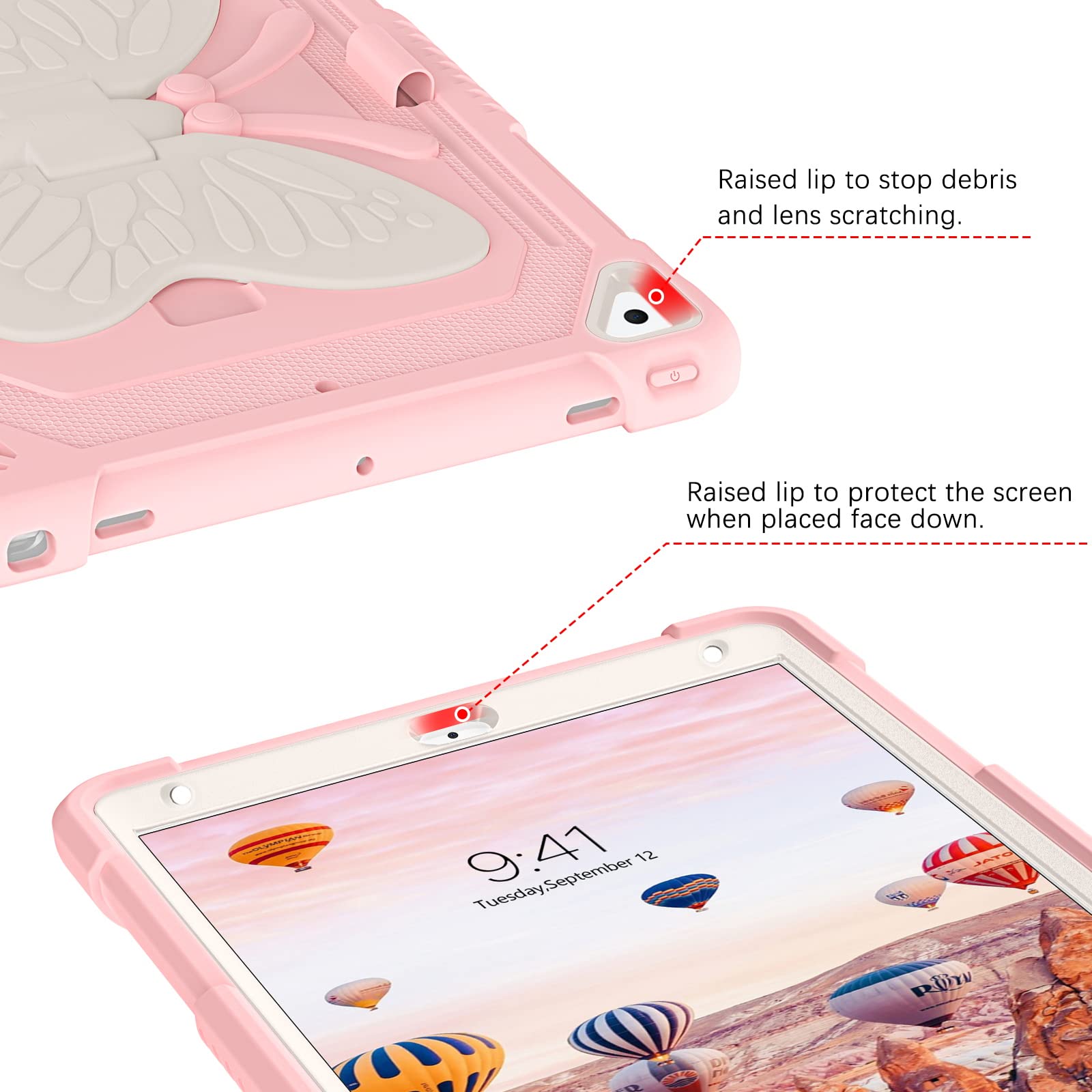 GUAGUA 2 in 1 Shockproof iPad Case with Kickstand - Rugged Protective Cover with Pen Holder for iPad 6/5/Air 2/9.7/Pro 9.7 - Anti-Scratch, Durable Design in Pink/Beige - Perfect for Travel, Work & School Use