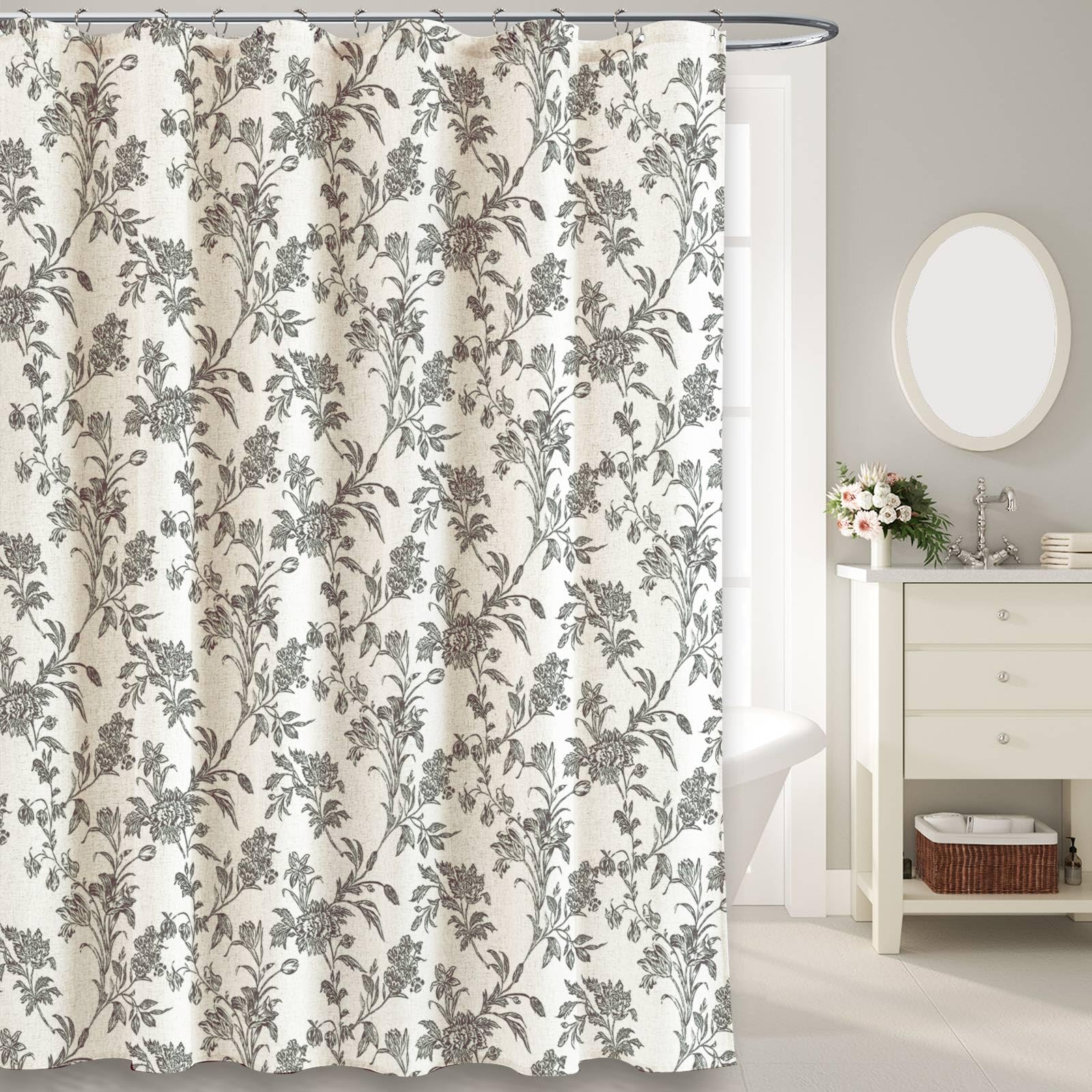 Floral Cotton Linen Shower Curtain - 72x72 Inch Black Cottagecore Bathroom Curtain for Vintage Style Decor, Waterproof & Mold Resistant - Perfect for Farmhouse, Boho, and Rustic Bathrooms
