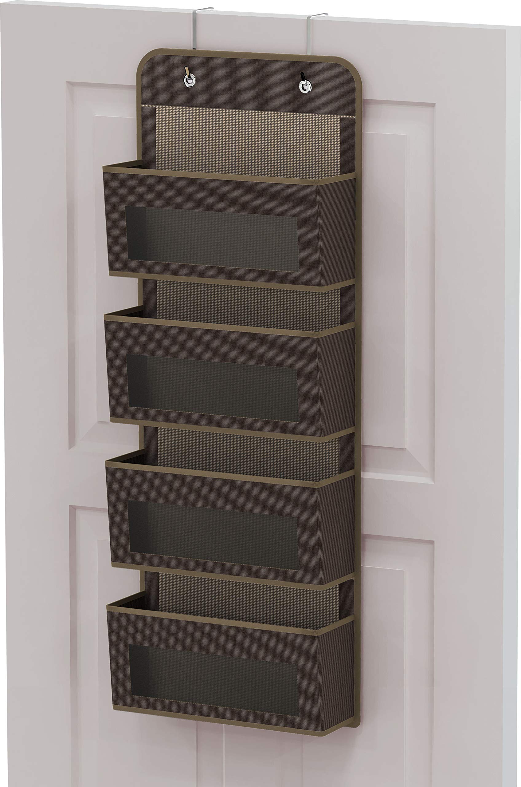 Simple Houseware Over Door/Wall Mount 4 Clear Window Pocket Organizer - Brown | Hanging Storage Solution for Bathroom, Bedroom, Kitchen & Office Organization