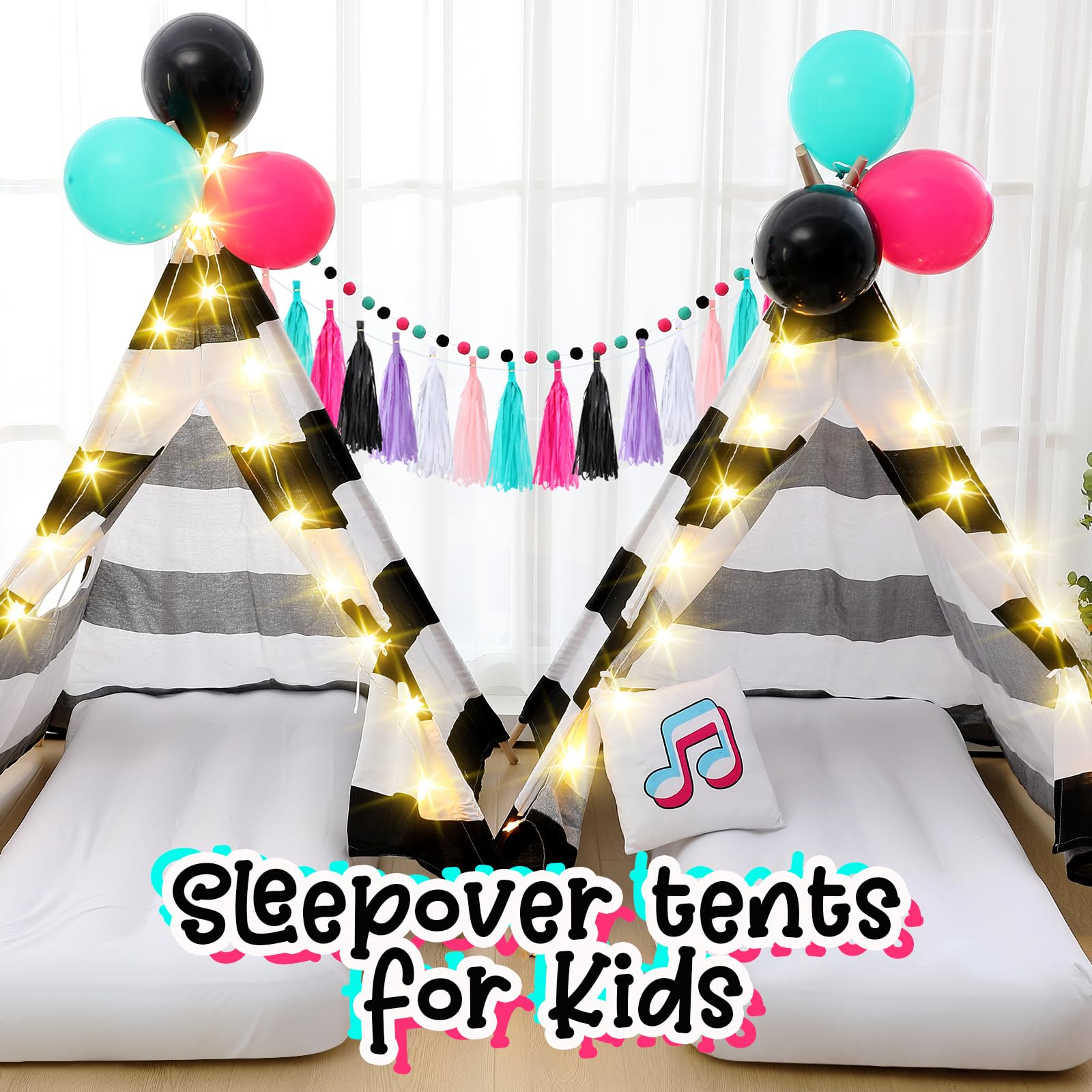 Windyun 4 Pack Kids Teepee Tents with Air Mattress, LED Lights & Pillows - Music Themed Play Tent for Girls Sleepover Parties - Natural Cotton Indoor/Outdoor Playhouse for Camping, Birthday & Slumber Parties
