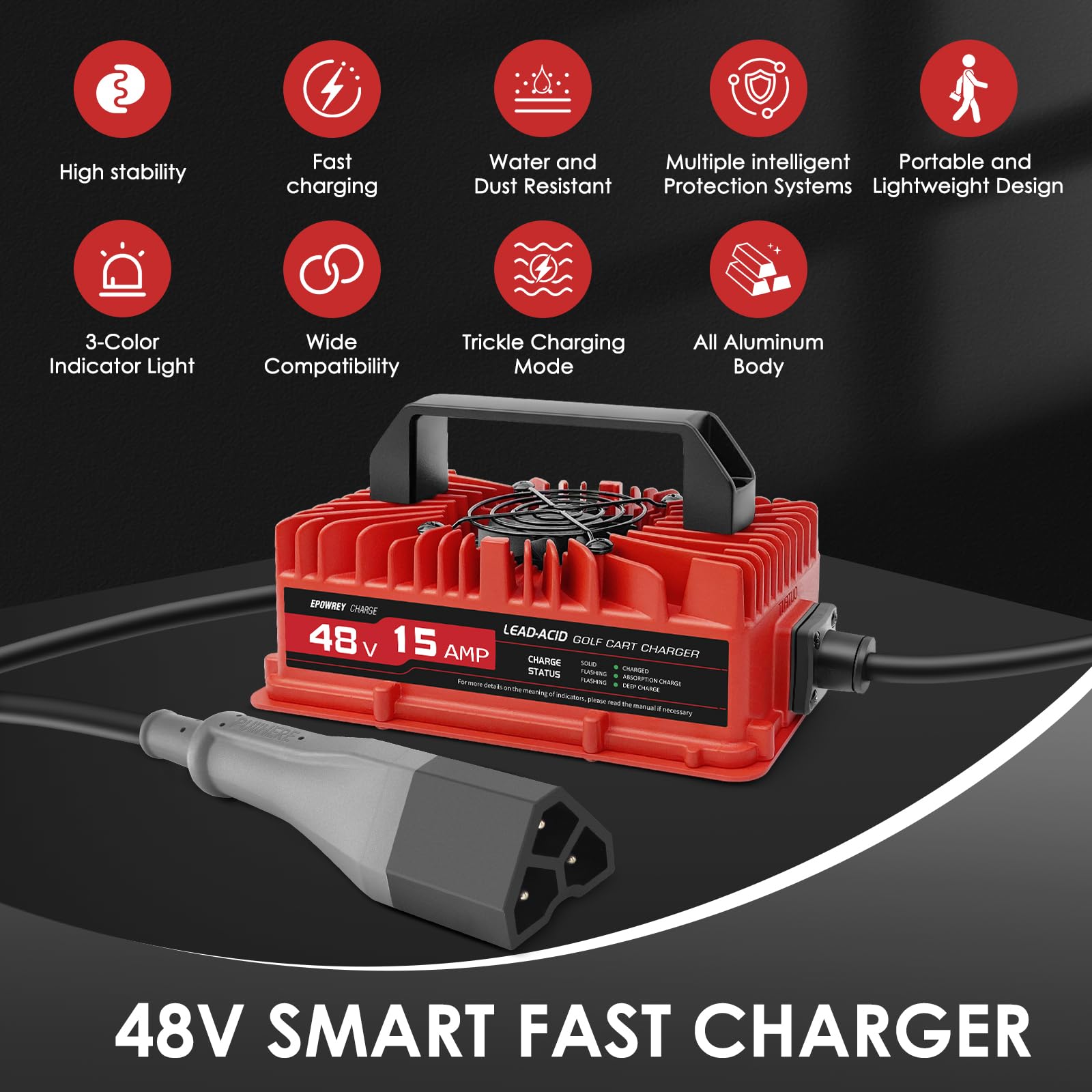 48V 15 AMP Golf Cart Charger for EZGO RXV & TXT - 3 Pin Triangular Plug Lead Acid Battery Charger - Fast Charging for Golf Carts, Electric Vehicles & Off-Grid Power Systems