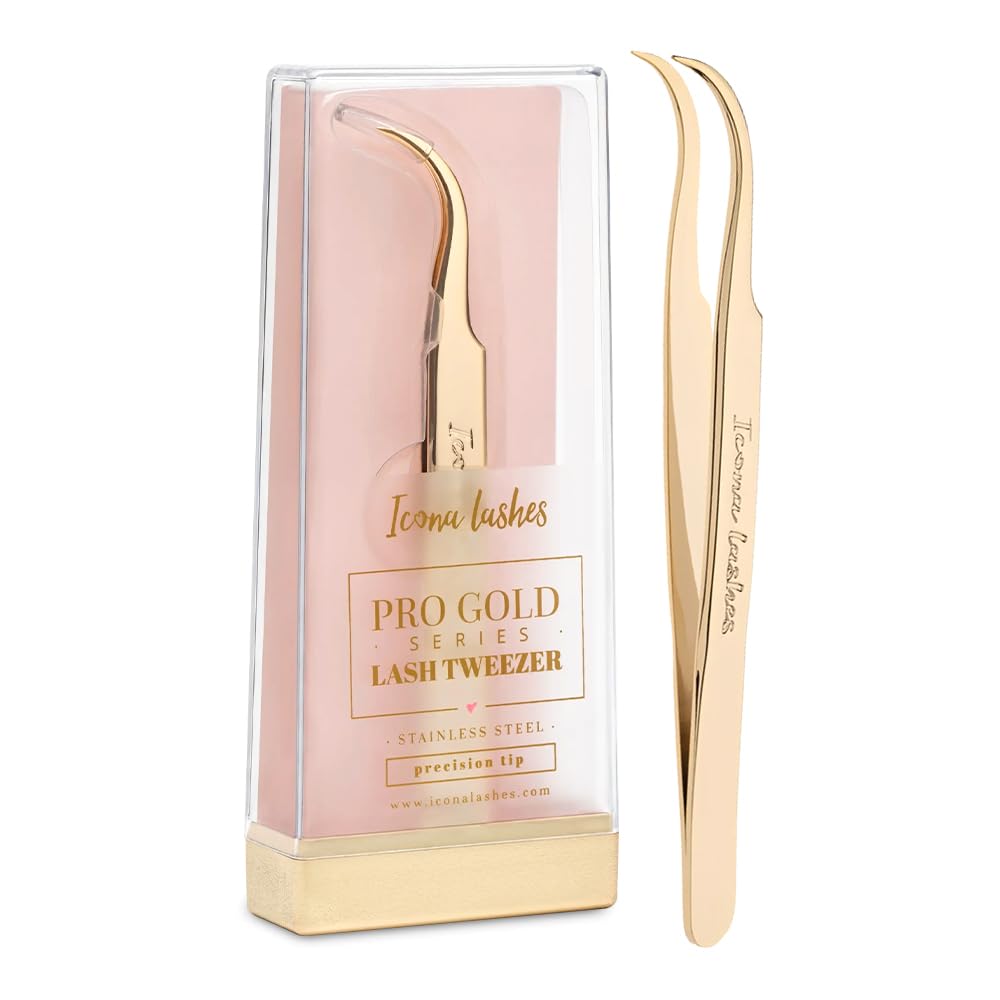 Professional J-Curved Hair Removal & Eyelash Tweezer - 24K Gold Plated Stainless Steel Precision Tweezers for Eyebrow Shaping, False Eyelash Application & Lash Extensions - Perfect for Salon, Home Use & Travel Beauty Kit