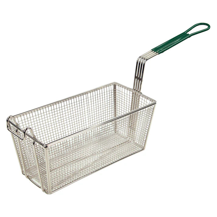 Winco 13.25 x 6.5 x 6 Inch Stainless Steel Fryer Basket with Green Handle - Perfect for Deep Frying Chicken, Fish, and French Fries at Home or Restaurant