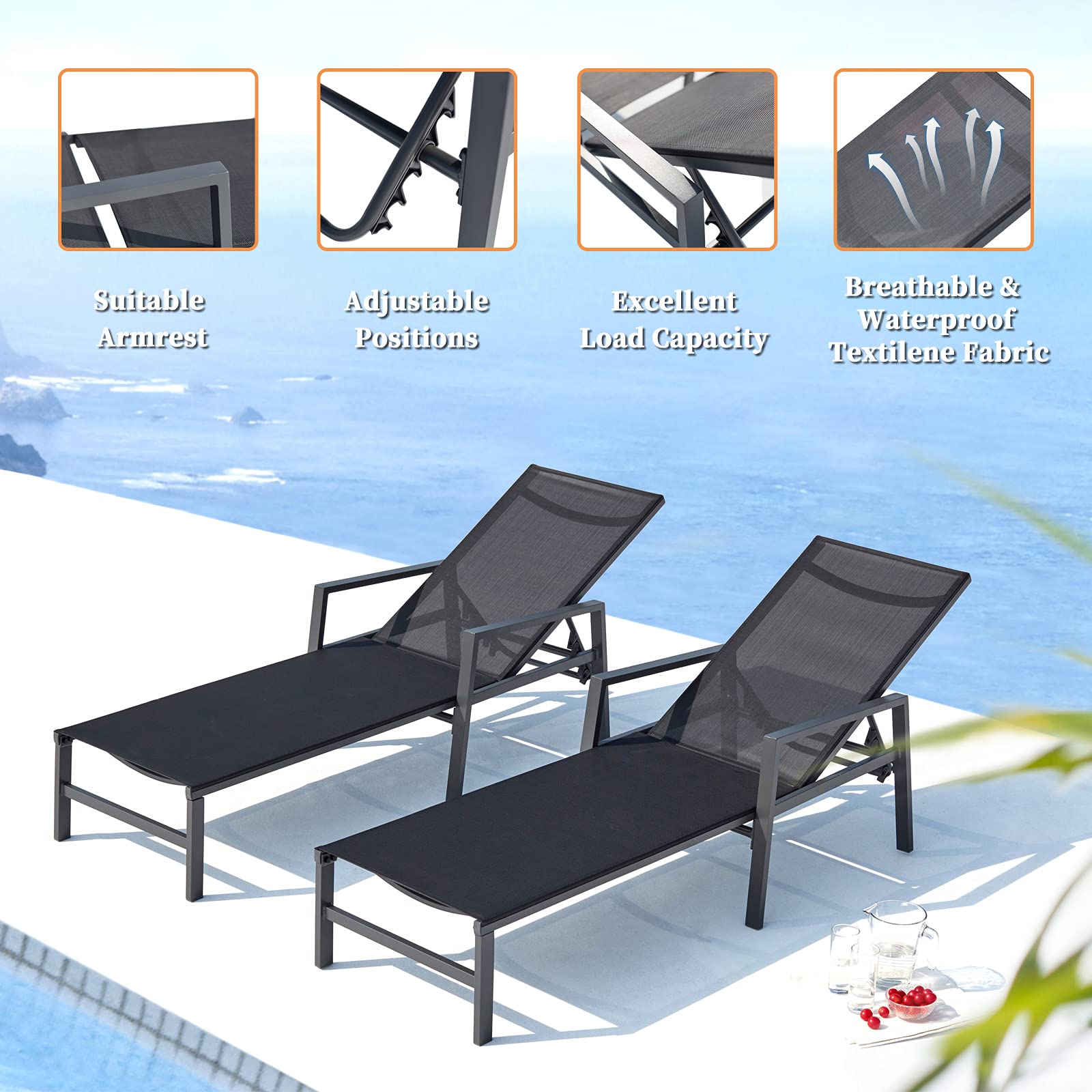 Premium Outdoor Patio Lounge Chair Set of 2 - Adjustable Aluminum Chaise Lounges with 5 Backrest Positions - Perfect for Backyard, Balcony, Poolside & Beach Relaxation (Black) - Ideal for Sunbathing, Lounging & Outdoor Entertaining