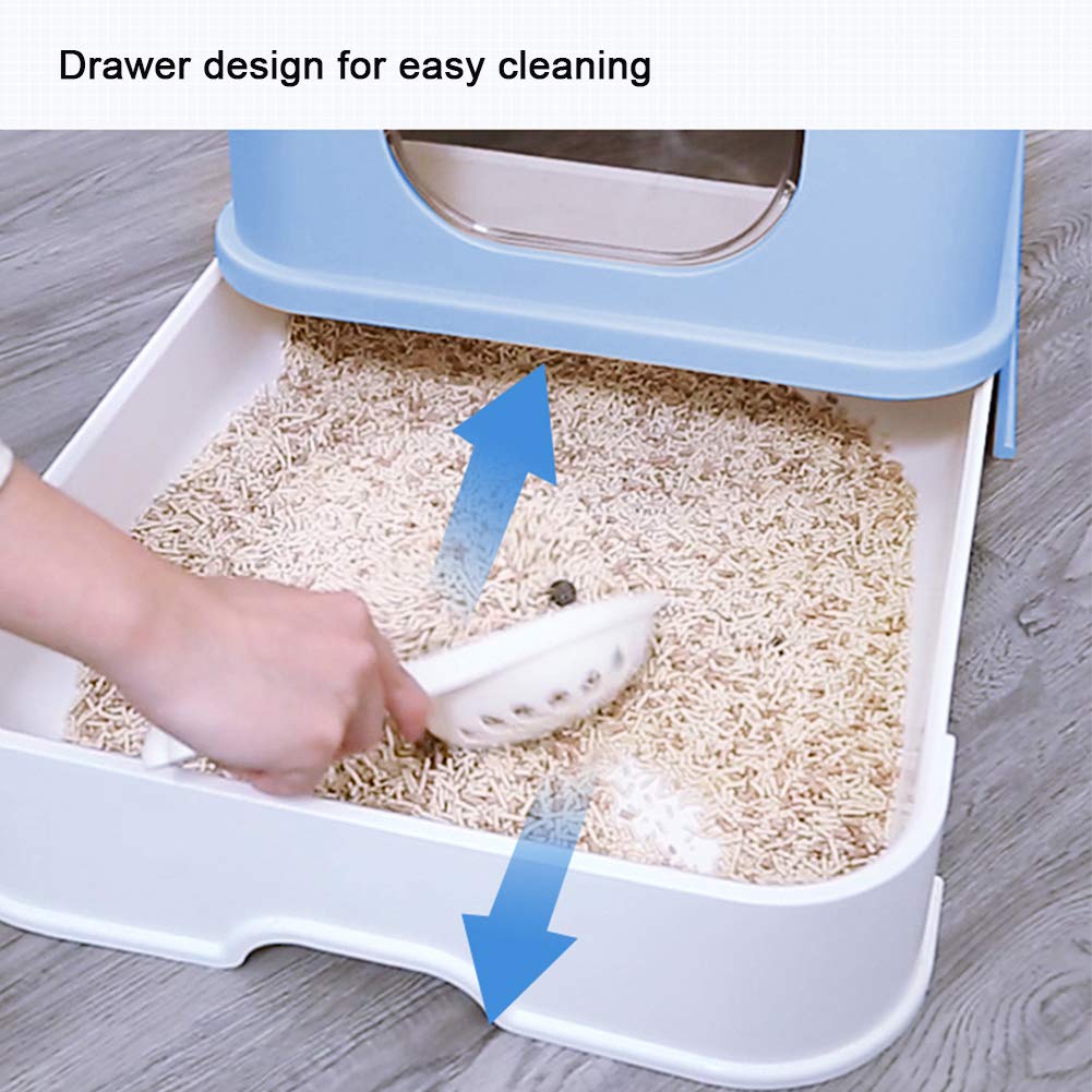Self-Cleaning Enclosed Cat Litter Box with Detachable Drawer & Scoop - Top Exit & Front Entry Design for Odor Control - Perfect for Small Spaces & Multi-Cat Homes (Blue) - Ideal for Apartments, Pet Owners & Easy Cleanup